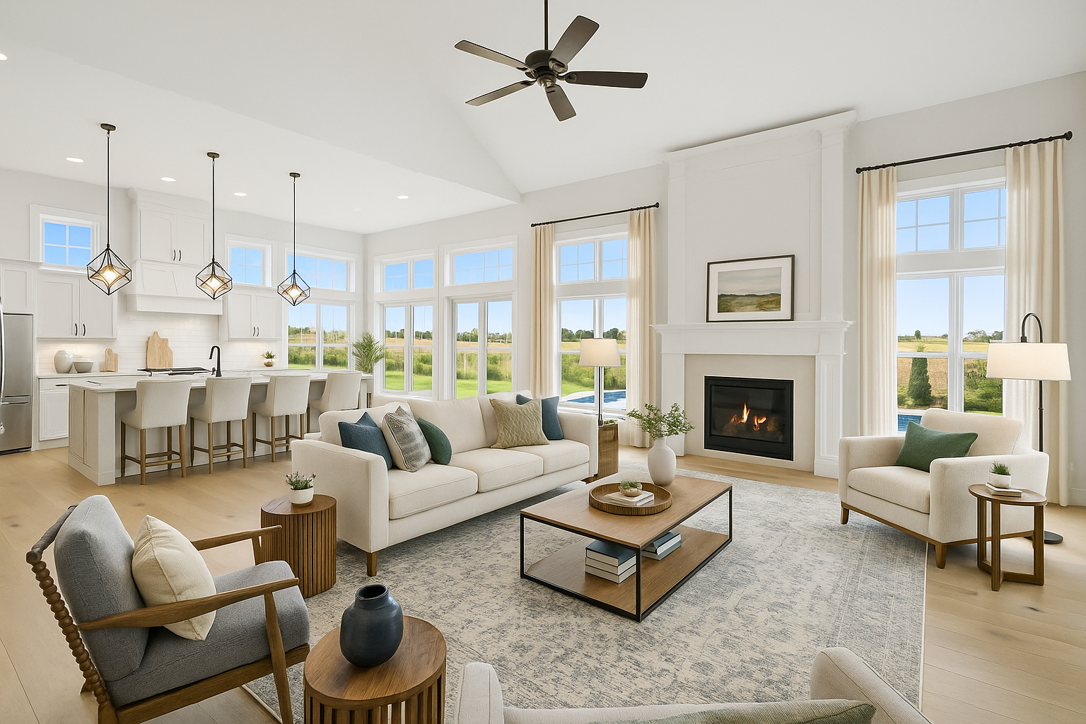 Bright living room with white furniture, a fireplace, large windows, and a view of greenery outside.