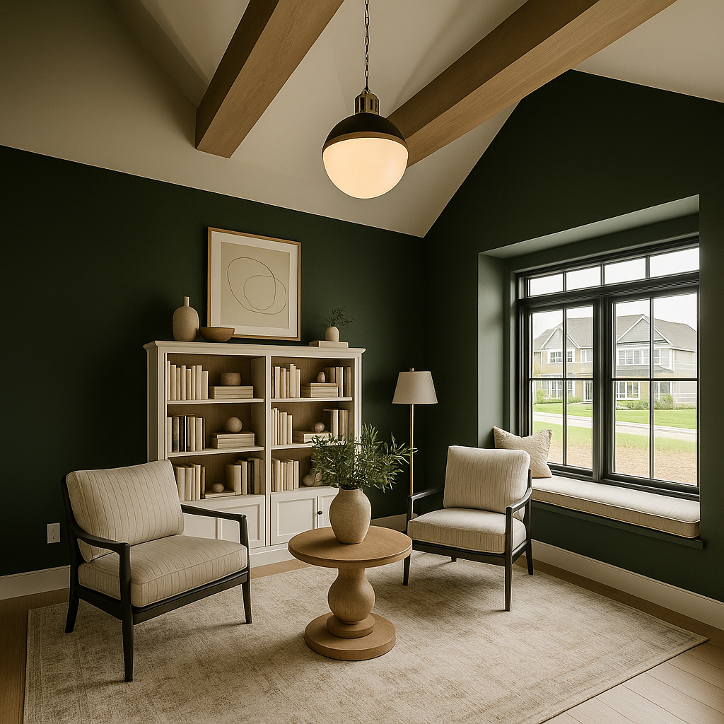 Living room with dark green walls, a white bookshelf filled with books, a window seat with pillow, two beige armchairs, and a round wooden coffee table with a vase and green plant.