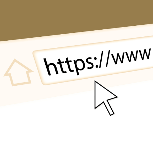 Close-up of a web browser address bar showing 'https://www' with a cursor pointing at it and a home icon.