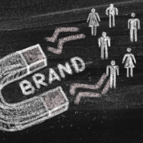 Illustration of a magnet attracting the word 'BRAND' and connecting to several human icons, symbolizing brand attraction and customer engagement.