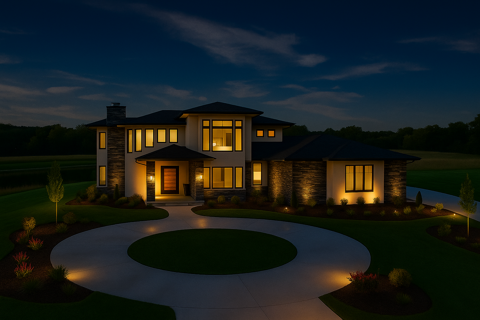 A modern two-story house illuminated at night with lights on inside, surrounded by landscaping and a circular driveway.