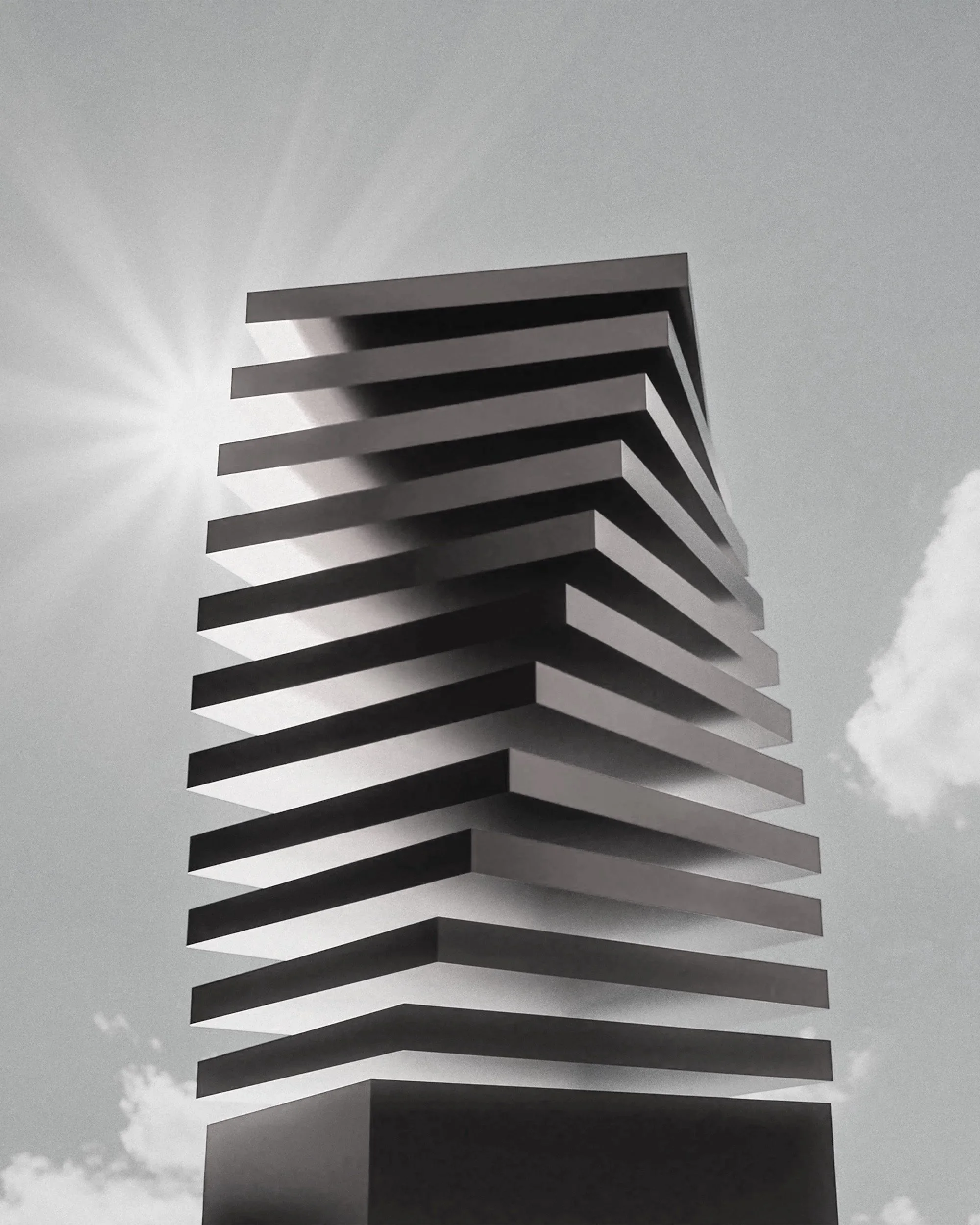 A black and white photo of a modern architectural building with stacked horizontal slabs, with the sun shining from behind and a partly cloudy sky in the background.