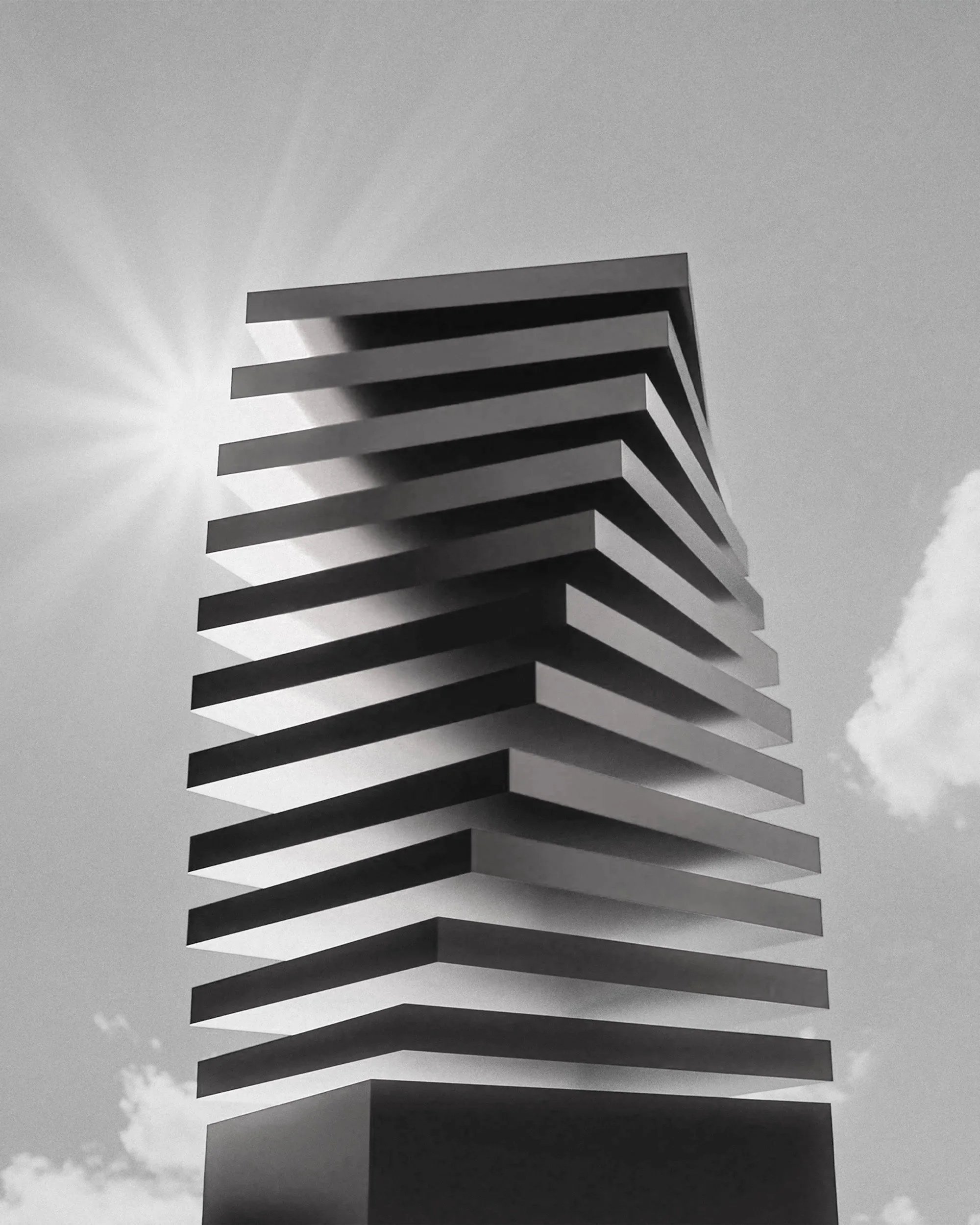 A modern, tall building with multiple horizontal layers or floors, cast in black and white, with the sun shining nearby creating a glare effect.