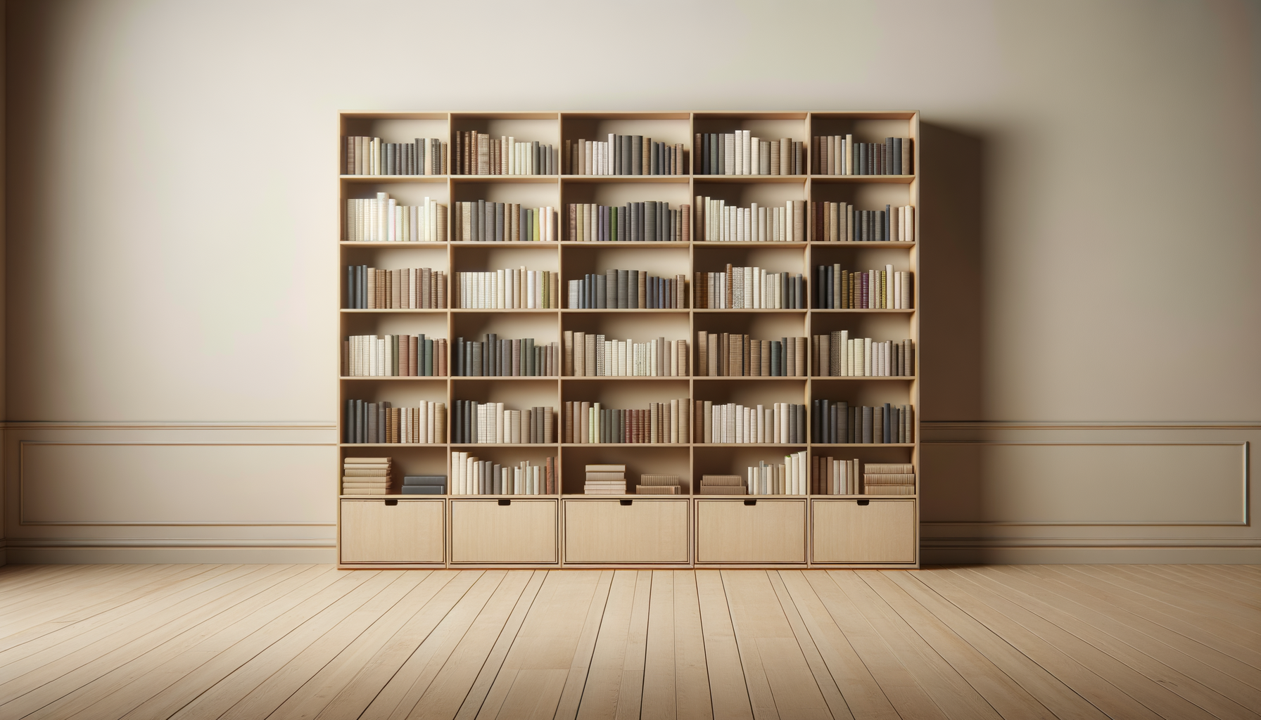 Empty wooden bookshelf full of books against a plain wall in a room with wooden floor