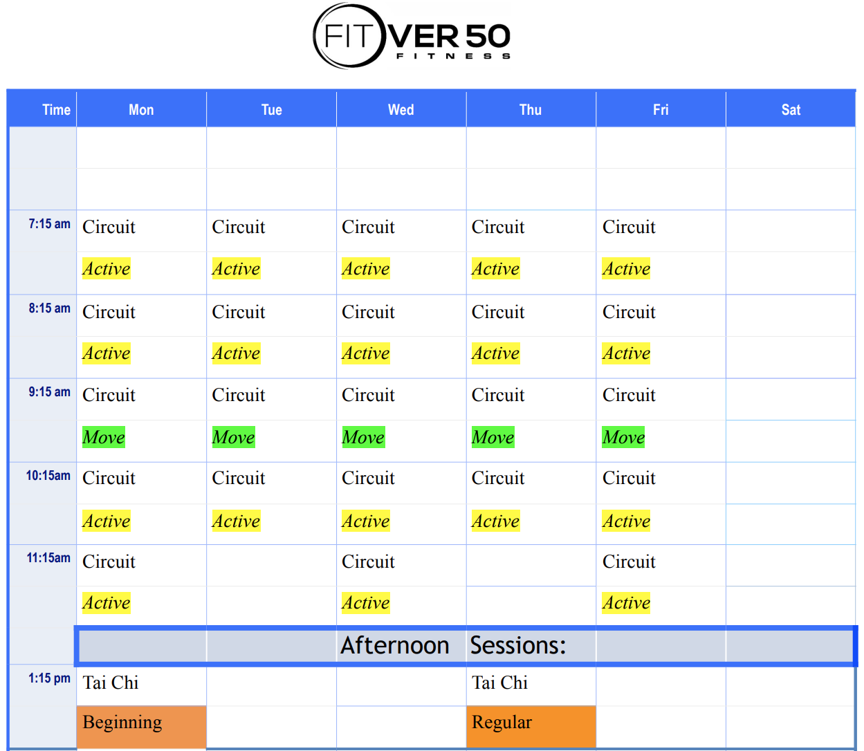 Updated Class Schedule April 2026