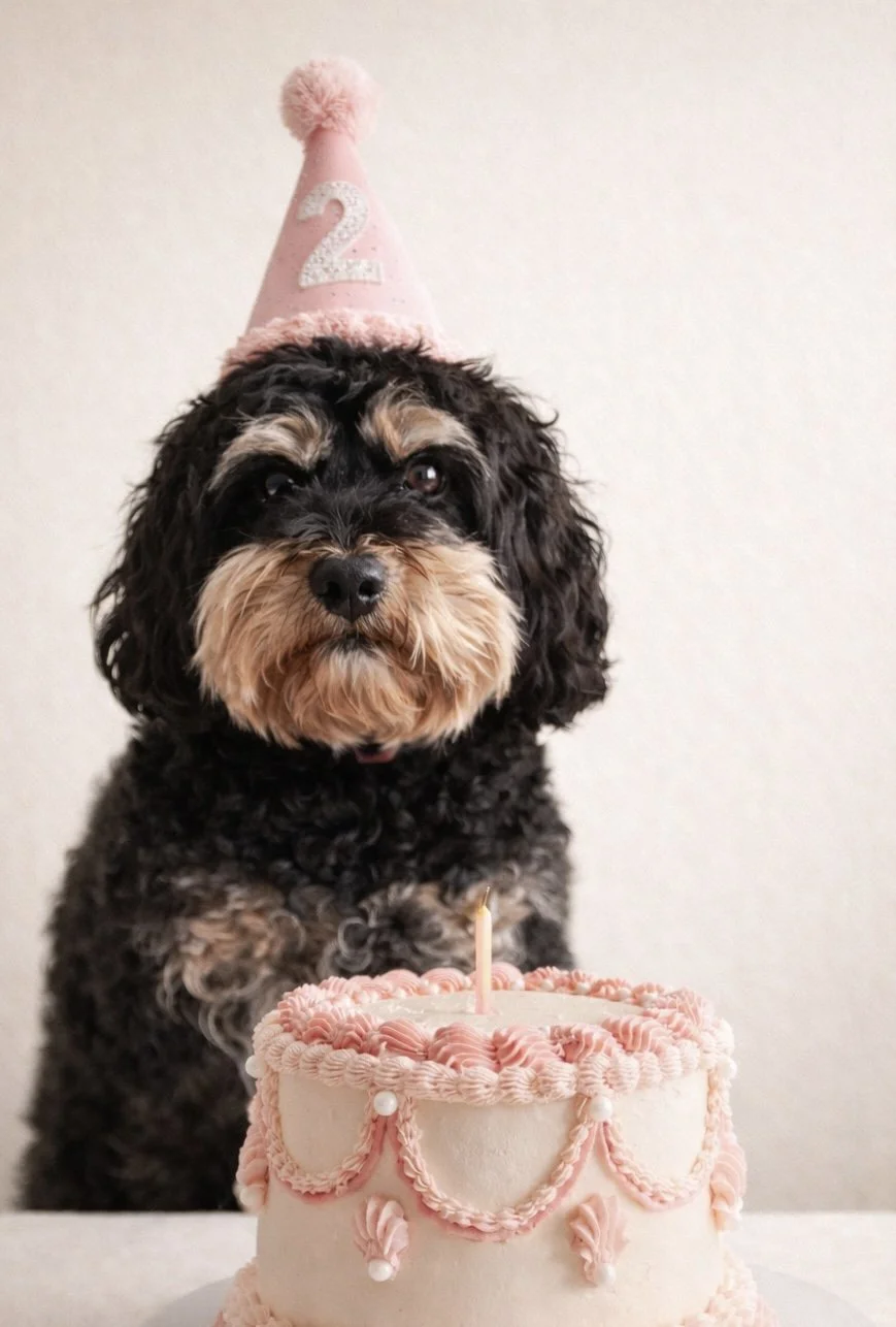 A dog wearing a pink birthday hat with a large number 2 and a pink pom-pom on top, sitting in front of a pink and white decorated birthday cake with a candle, on a plain background.