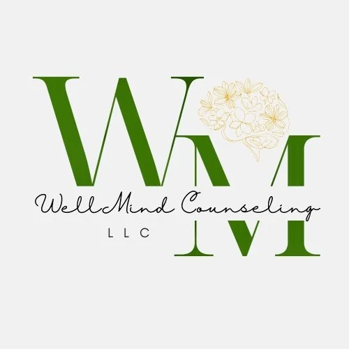 Logo for Well Mind Counseling LLC with stylized green 'W' and 'M', a flower illustration, and the company name in cursive.