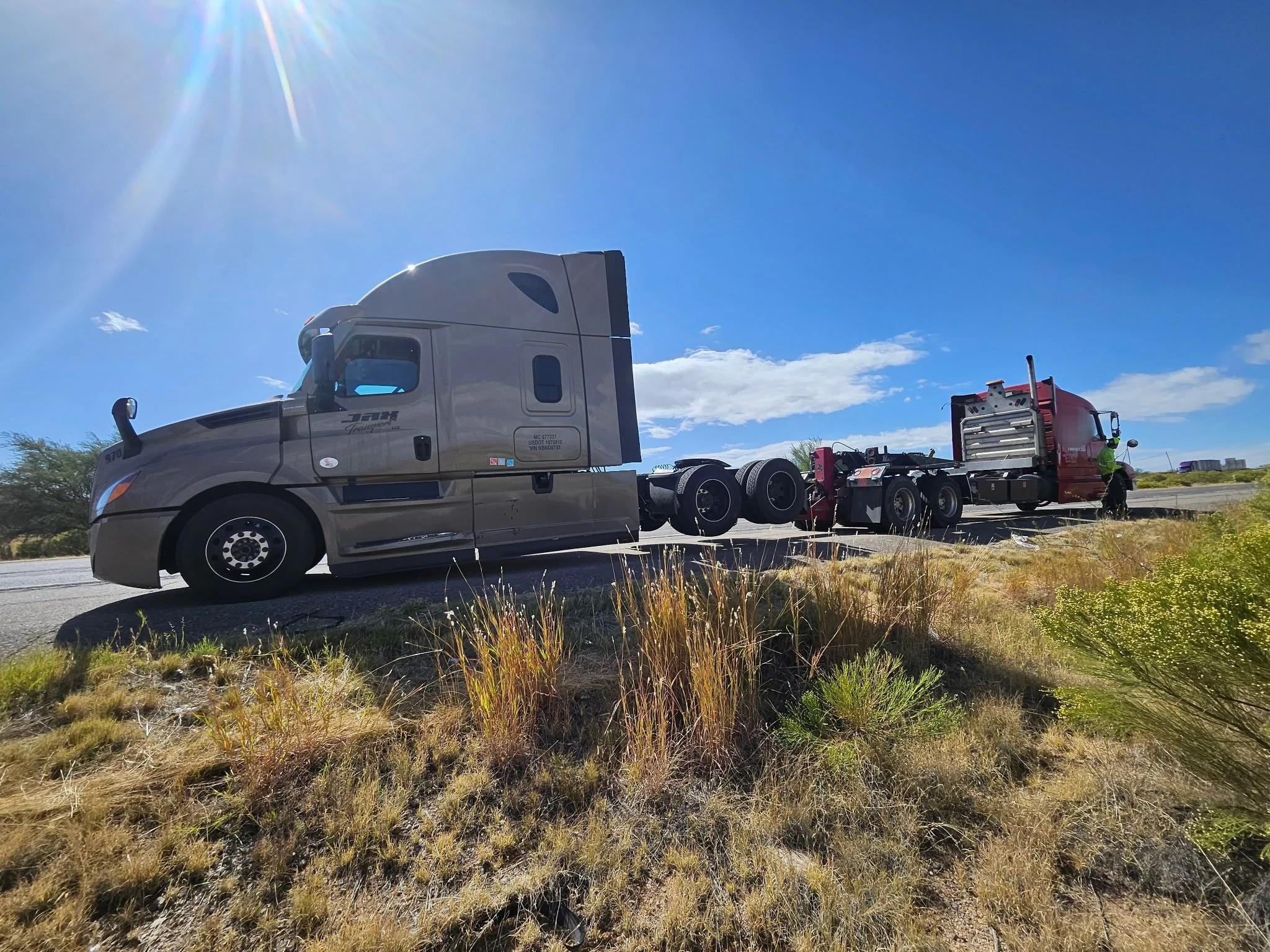 Semi-truck on the side of the road under a bright blue sky with the sun shining, grassy and bushy roadside in the foreground.