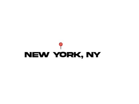 Outline map of New York with a red pin and the text "NEW YORK, NY".