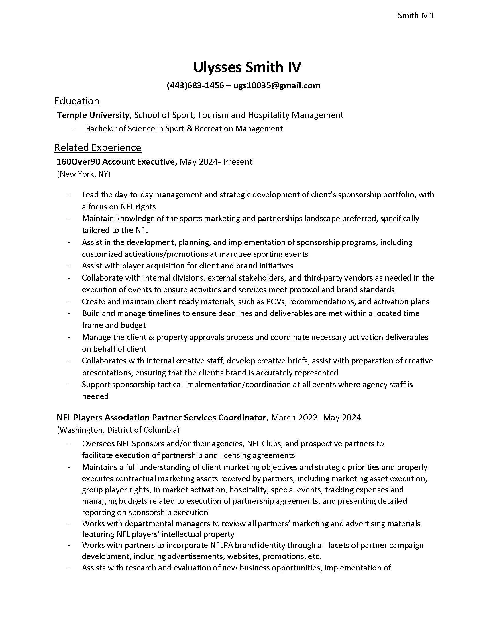 A resume of Ulysses Smith IV including his contact information, education from Temple University, and work experience with details about his roles as an account executive and NFLPA player partner services coordinator.
