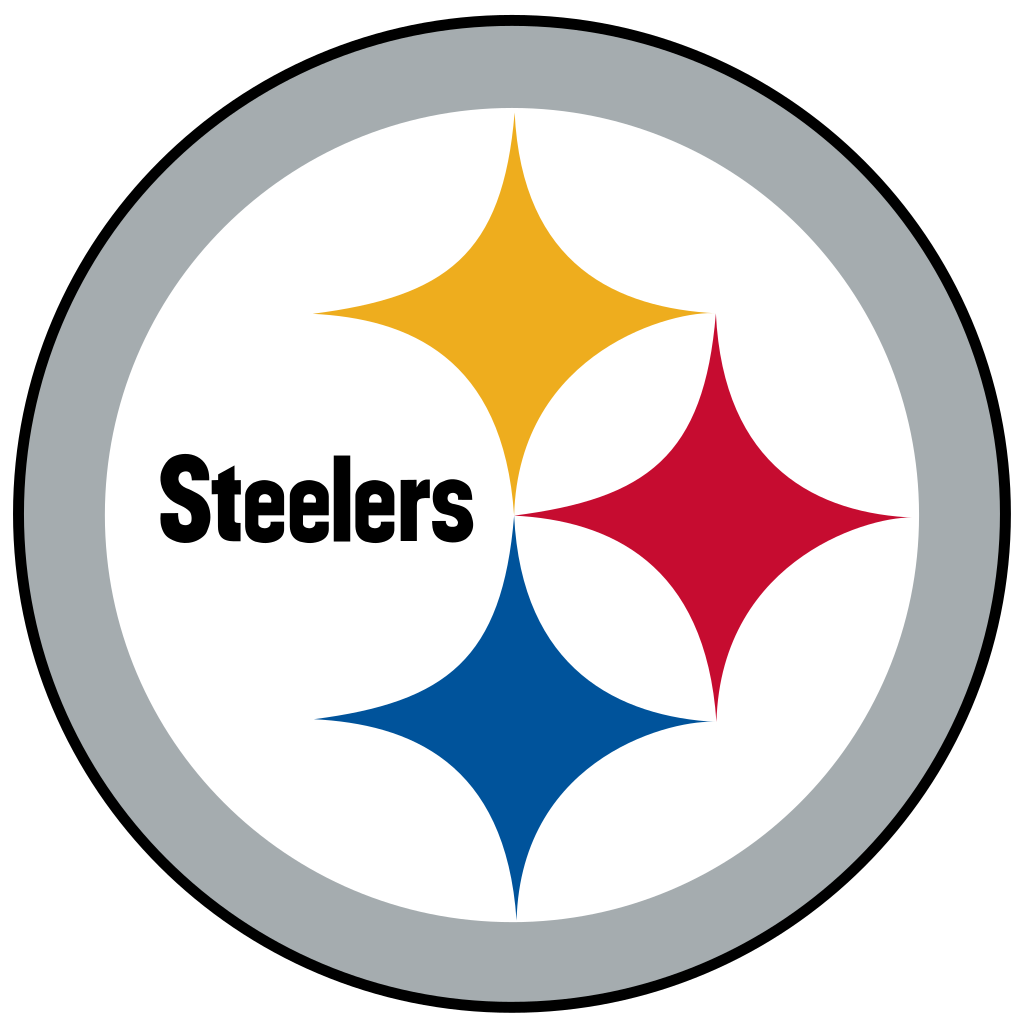 Logo of the Pittsburgh Steelers football team featuring a grey outer ring, white inner circle, the word "Steelers" in black, and three diamond-shaped stars in yellow, red, and blue.
