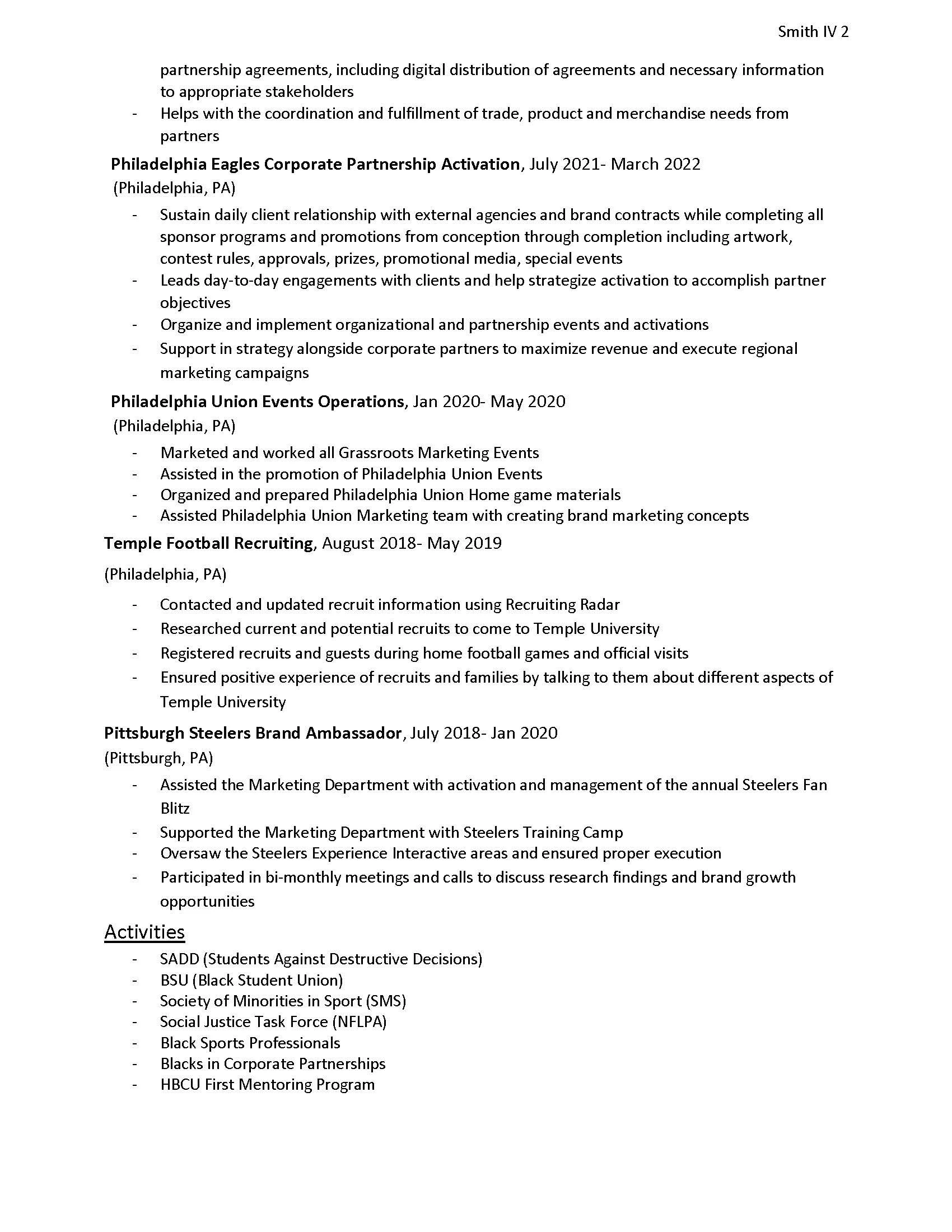 A resume page listing various roles and activities related to event management, marketing, sports recruiting, and student organizations.
