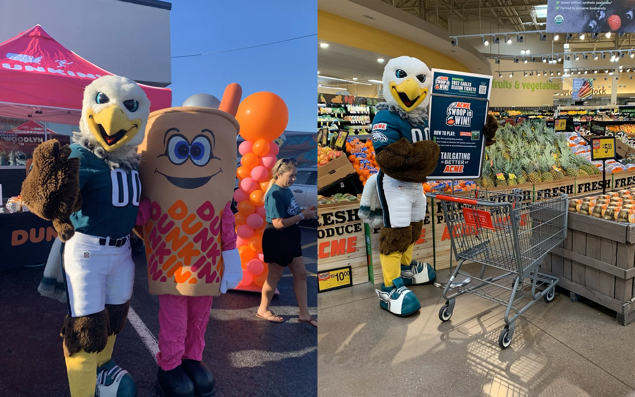 Mascots at a promotional event. The left side shows a bald eagle with a football jersey and shorts, standing next to a person in a hot dog costume. The right side shows the eagle mascot inside a grocery store holding a sign, with produce displays and shopping carts around.