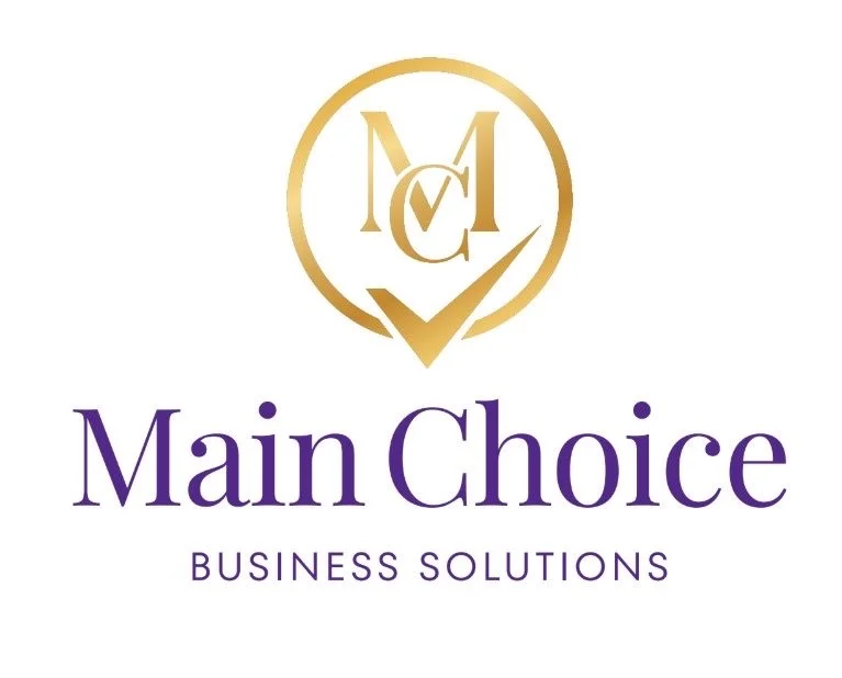 Logo for Main Choice Business Solutions with a gold circle, initials MC and check mark, and purple text.