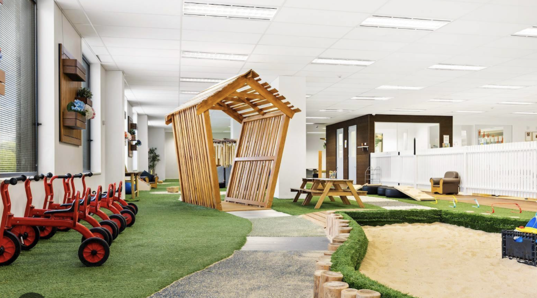 pyrmont childcare simulated outdoor space with wooden structures, bikes and sandpit area