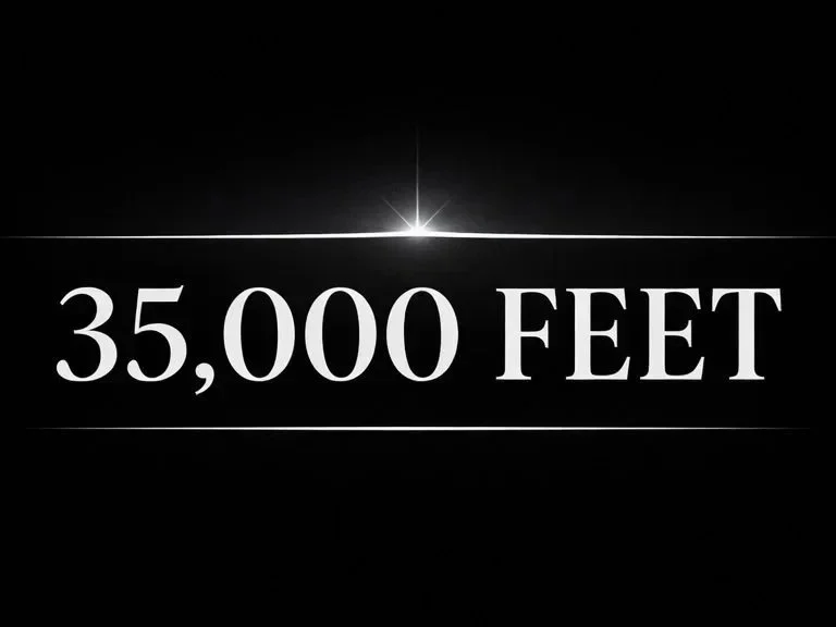 Text on black background reading '35,000 FEET' with a white starburst at the top. Logo for 35,000 FEET podcast.