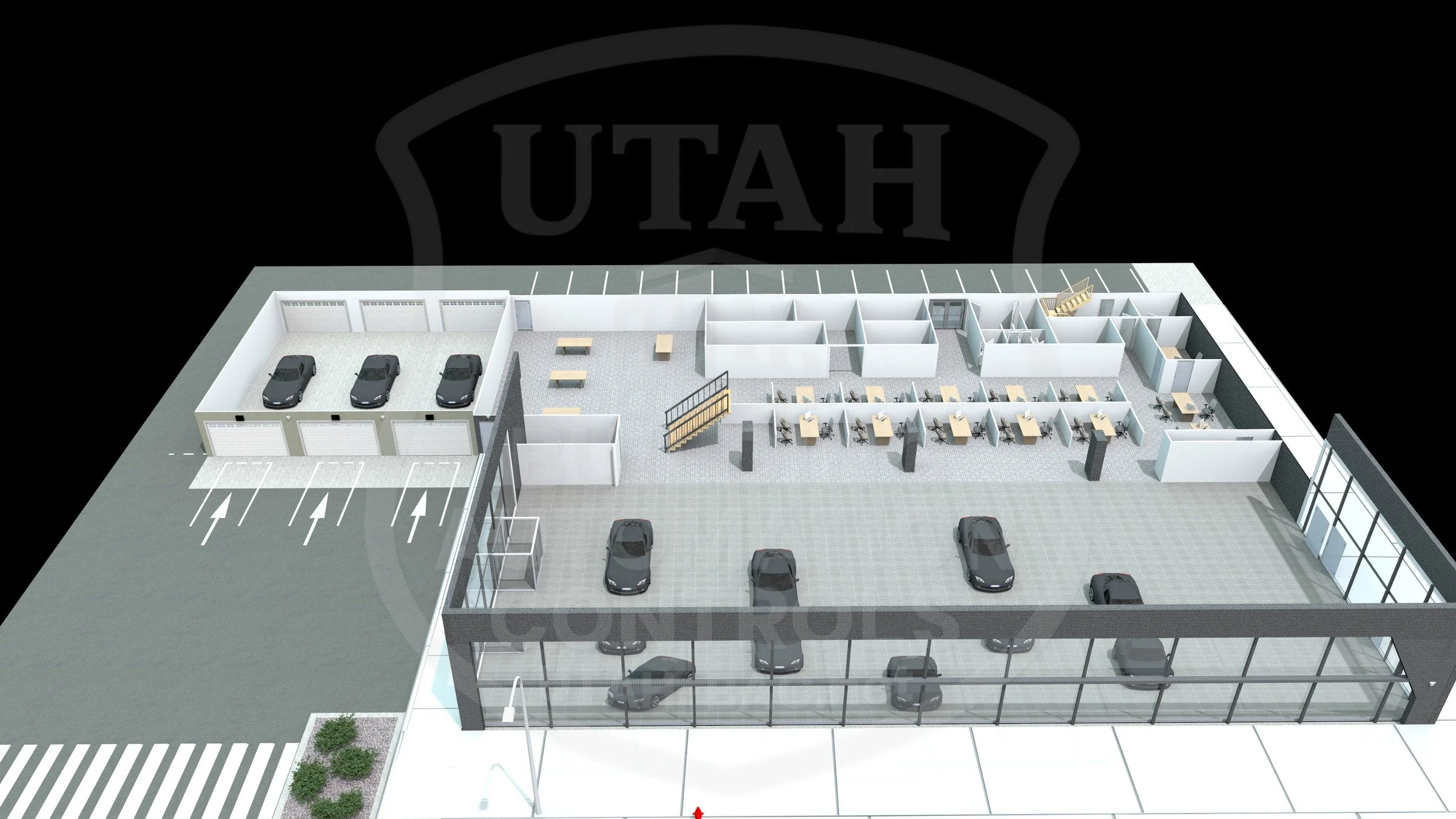 Audi dealership — first floor • Custom 3D rendering by Utah Building Automation Controls.