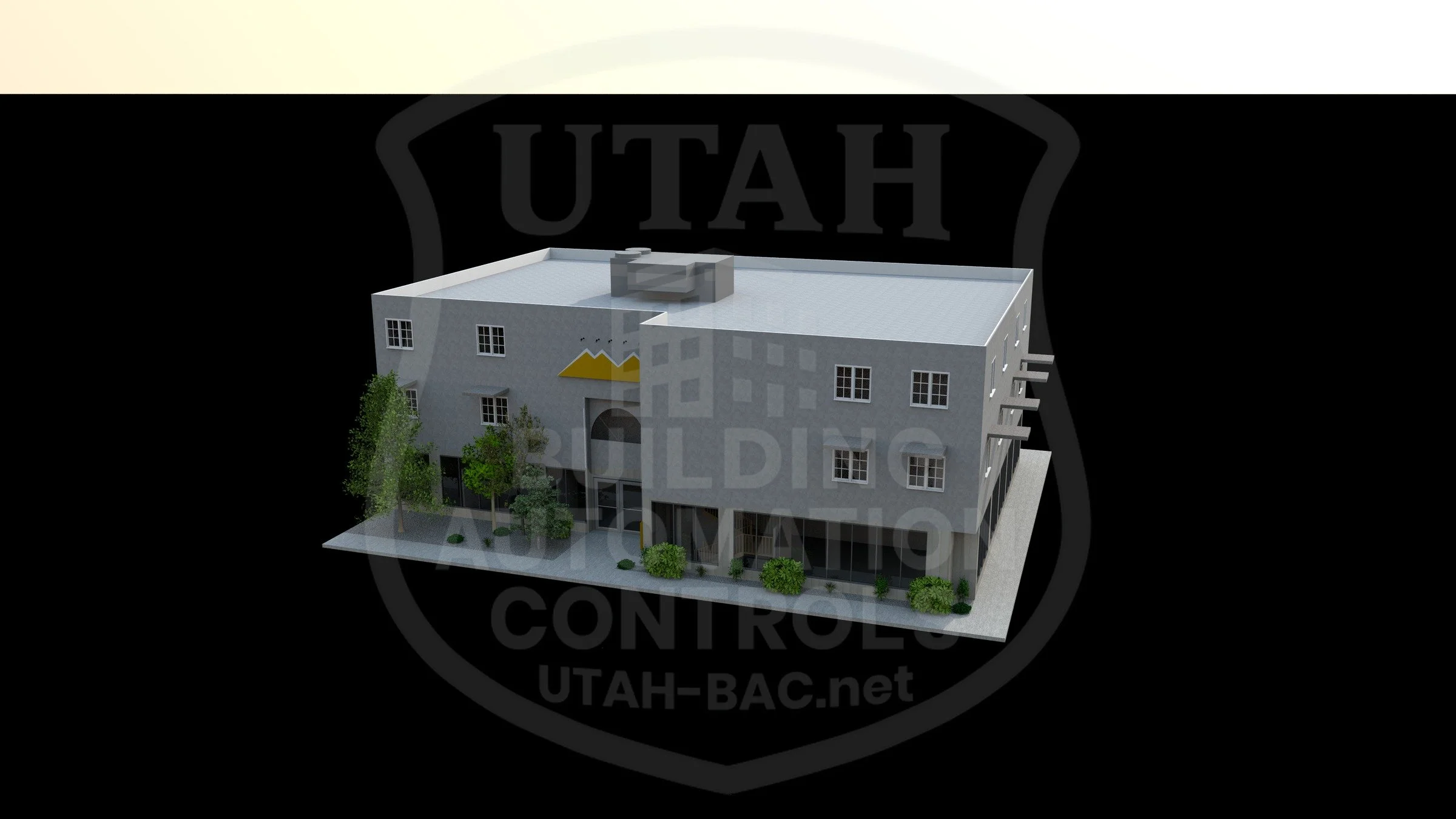 Commercial building — exterior • Custom 3D rendering by Utah Building Automation Controls.