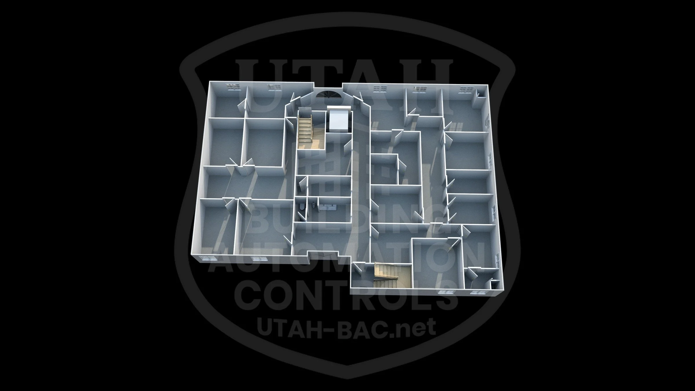 Commercial building — second floor • Custom 3D rendering by Utah Building Automation Controls.