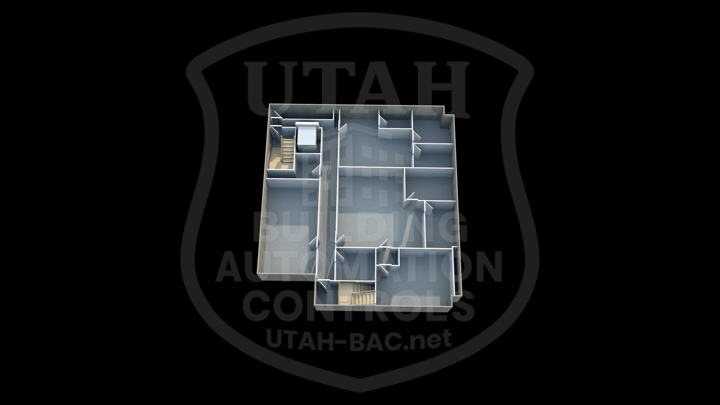 Commercial building — basement • Custom 3D rendering by Utah Building Automation Controls.