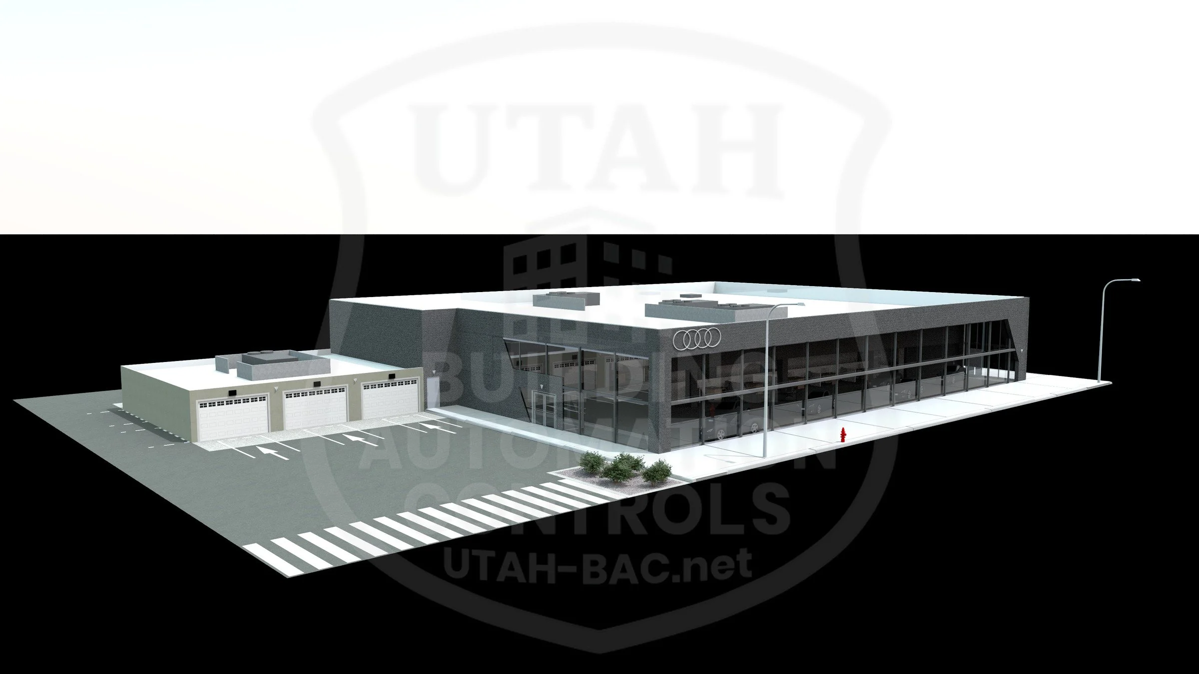 Audi dealership — exterior • Custom 3D rendering by Utah Building Automation Controls.