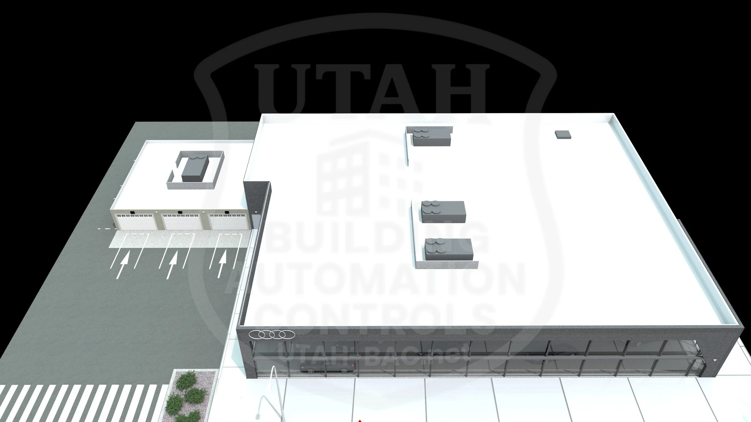 Audi dealership — roof • Custom 3D rendering by Utah Building Automation Controls.