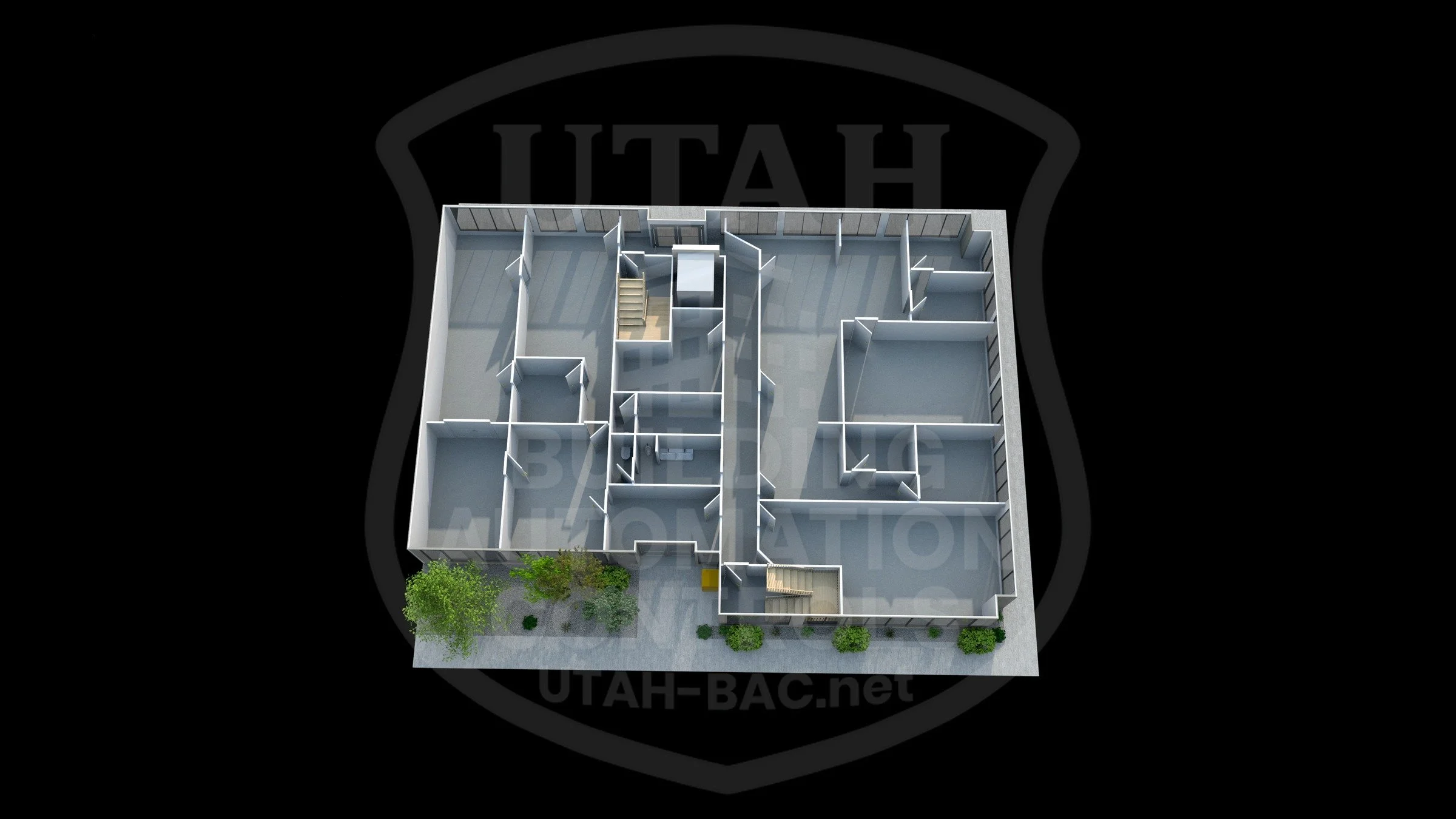Commercial building — first floor • Custom 3D rendering by Utah Building Automation Controls.