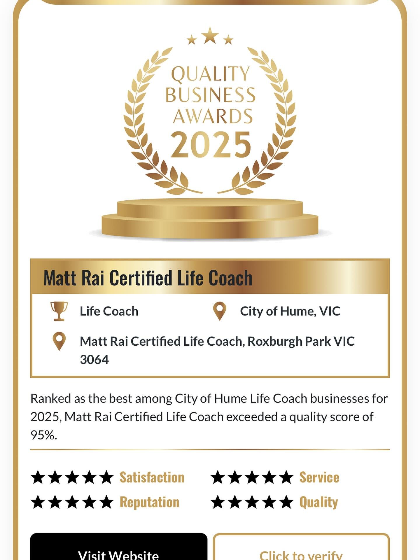 🏆 Big News! 🌟

Matt Rai has been awarded Best Life Coach in the City of Hume through the 2025 Quality Business Awards!

Join me in celebrating this amazing recognition of his authentic, playful, and deeply impactful coaching approach.