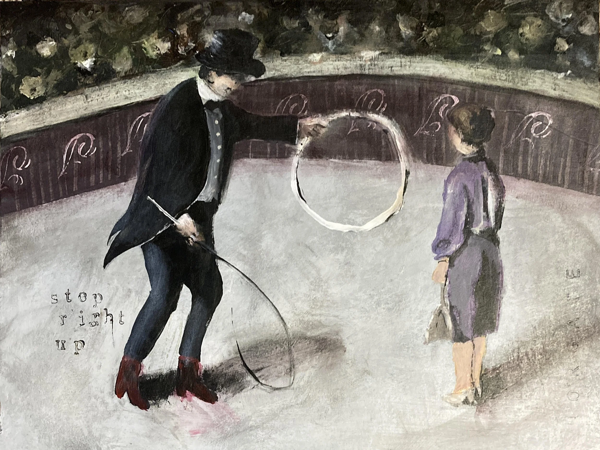 "Step Right Up" 9x12" mixed media on framed varnished matboard $450