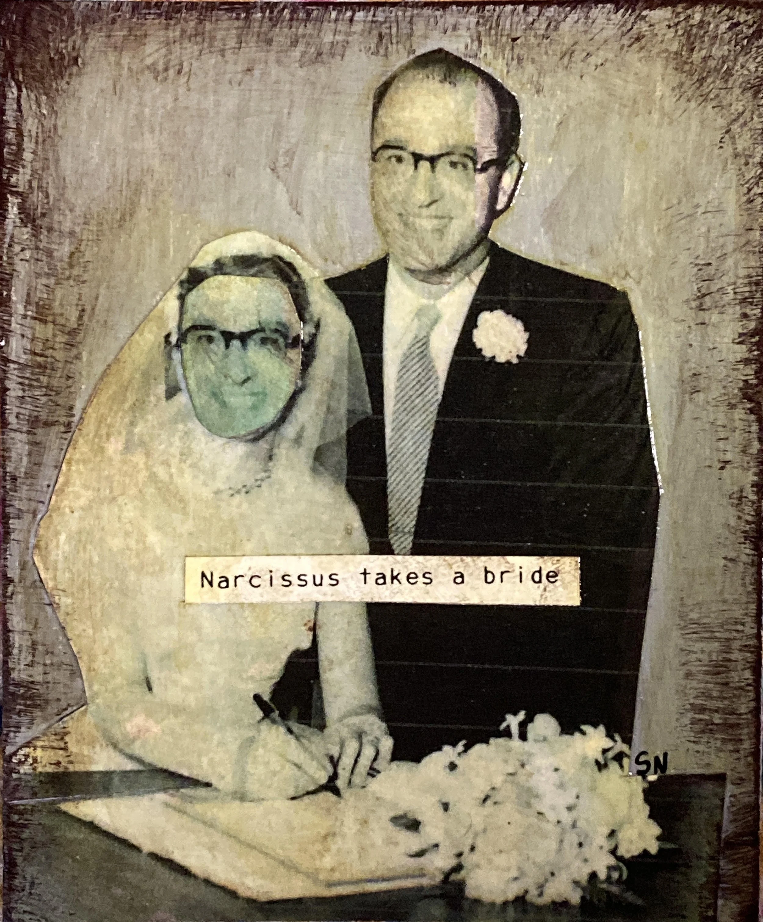NEW "Narcissus takes a bride" mixed media on varnished mantboard, 4x5" framed $125