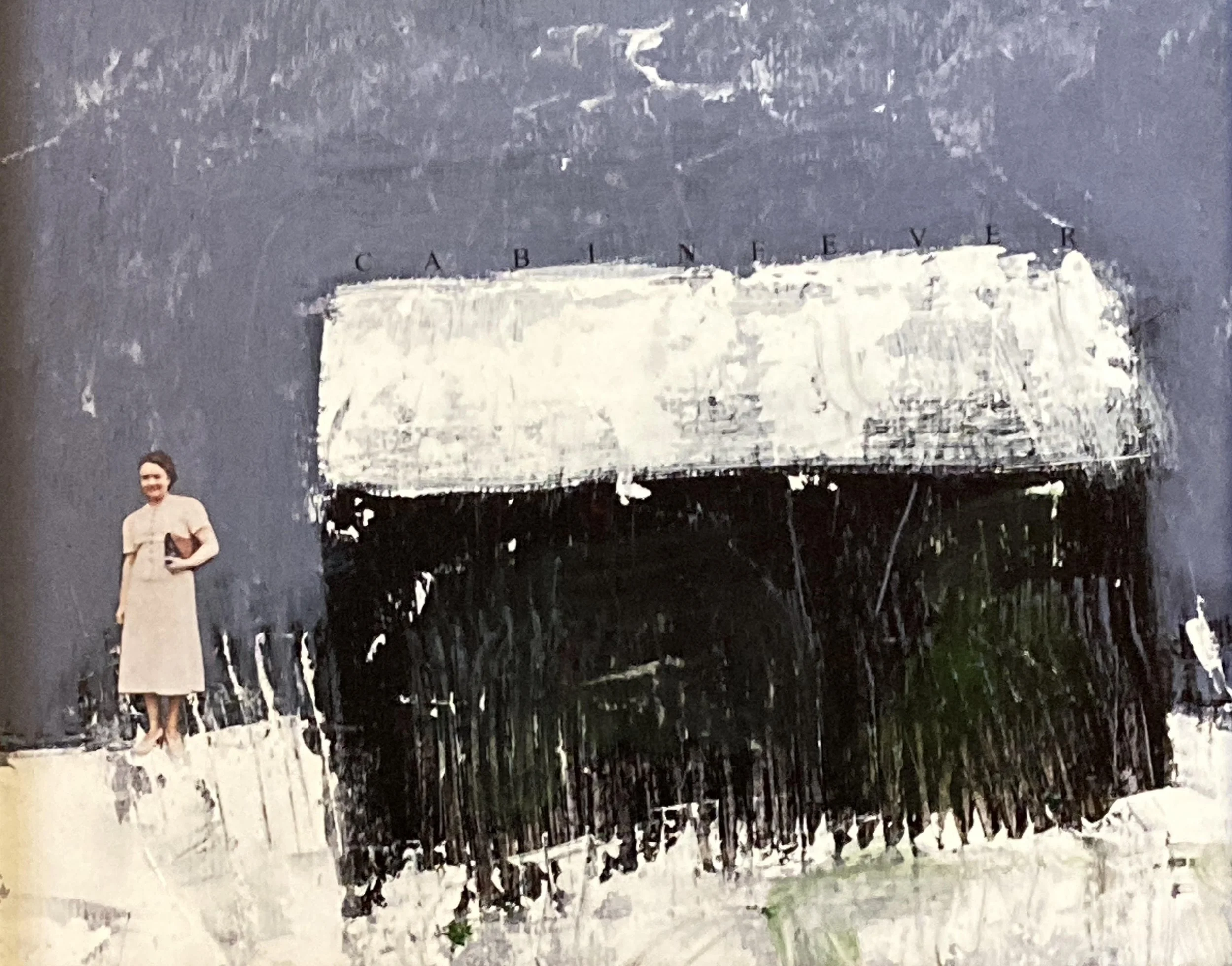 NEW "Cabin Fever" mixed media on varnished mantboard, 8x10" framed $300