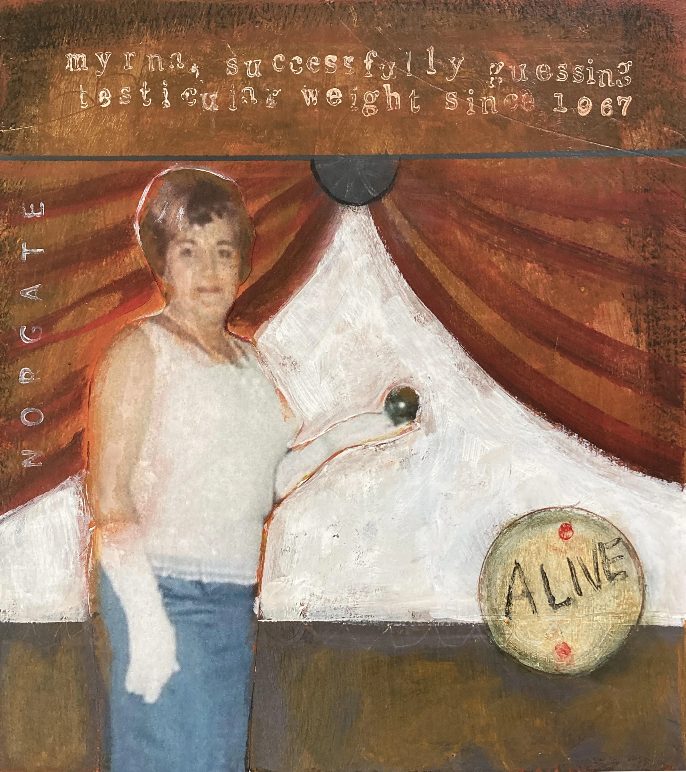 NEW "Myrna'' mixed media on varnished mantboard, 8x9" framed $300