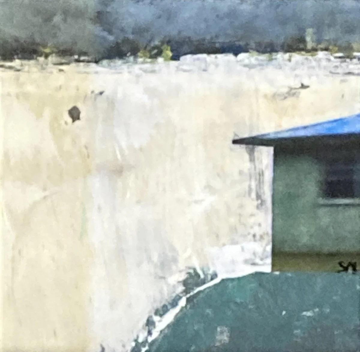 NEW "Homestead" mixed media on varnished mantboard, 4x4" framed $150