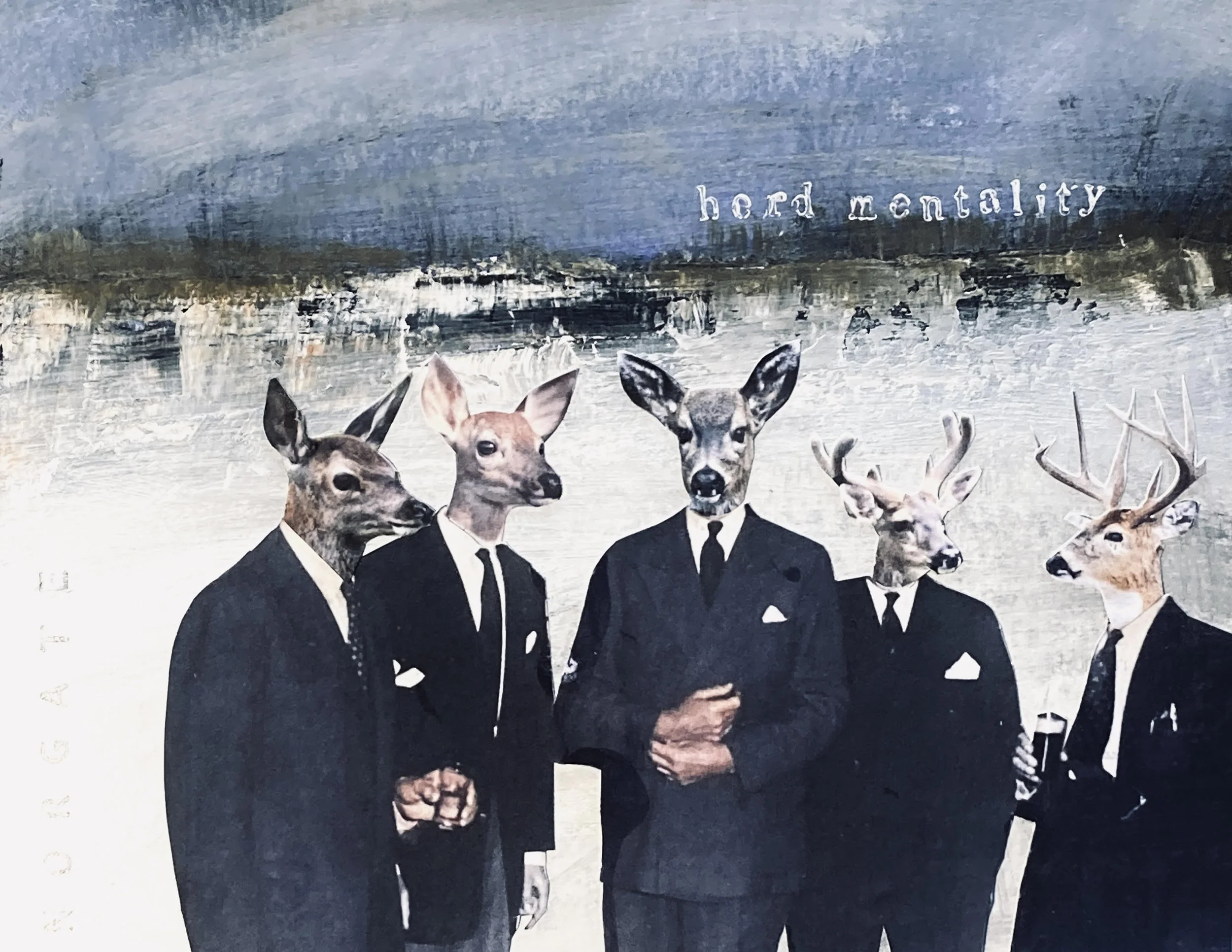 "herd mentality" mixed media on varnished matboard, 8.5 x 11" $300