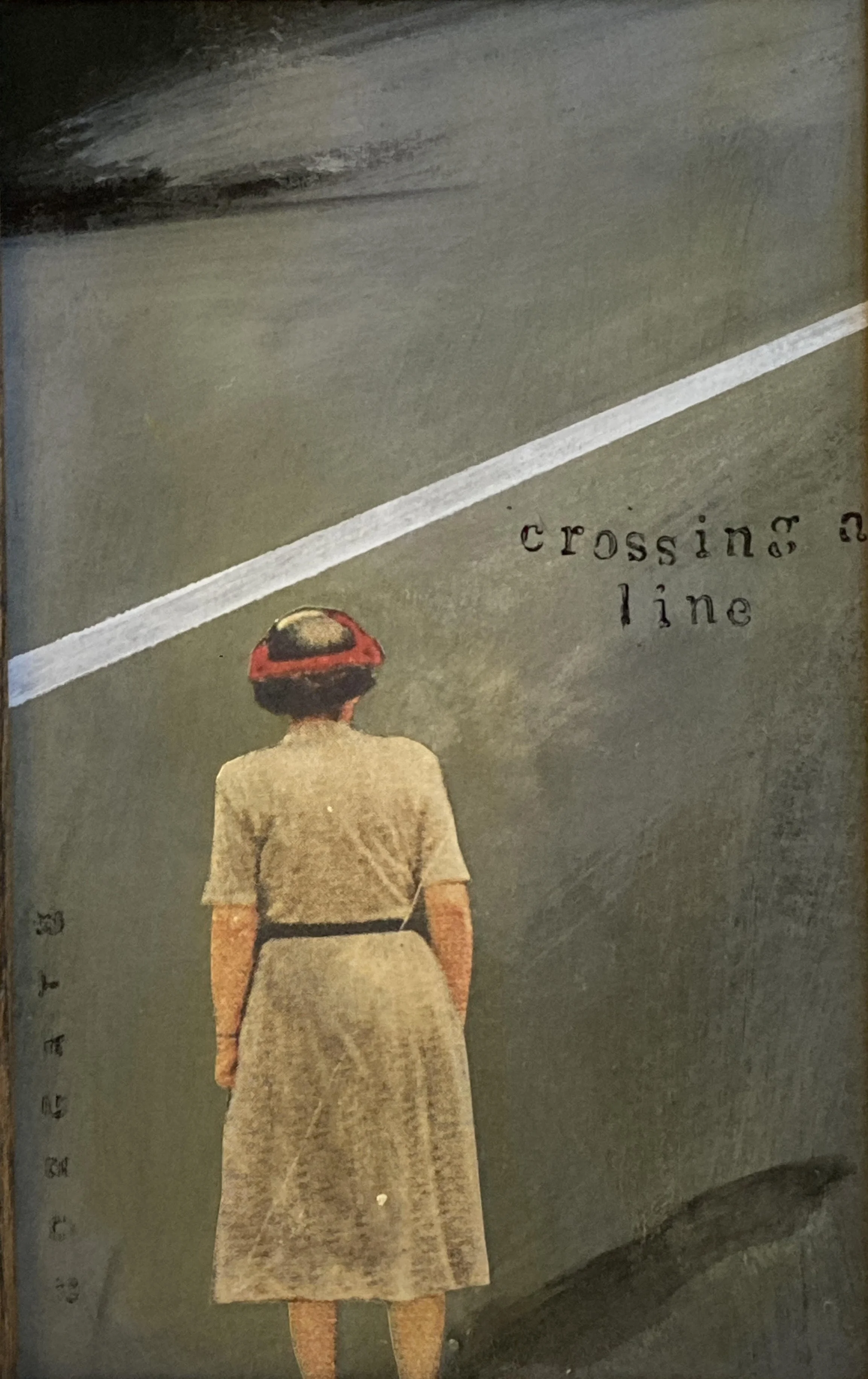 "Crossing a Line" 6x9" mixed media on framed varnished matboard $225