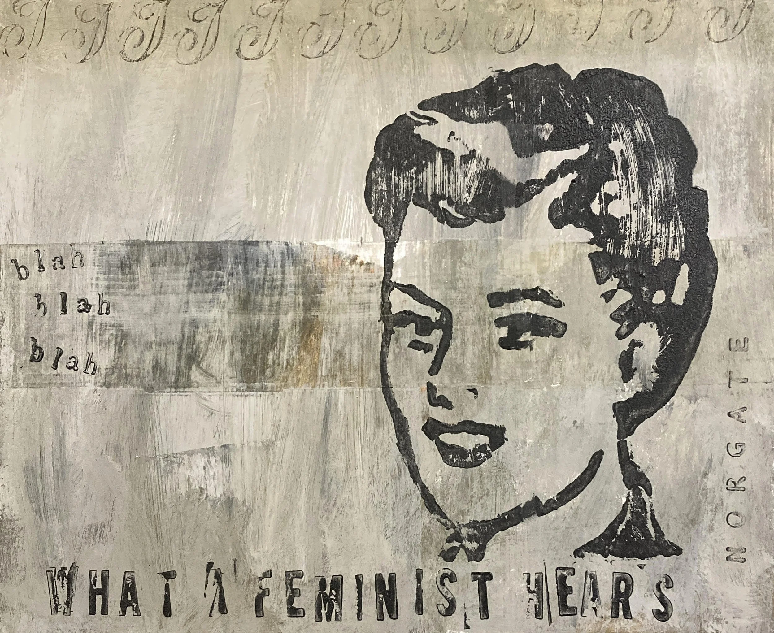 "what a feminist hears" acrylic on varnished matboard, 9x11" $300