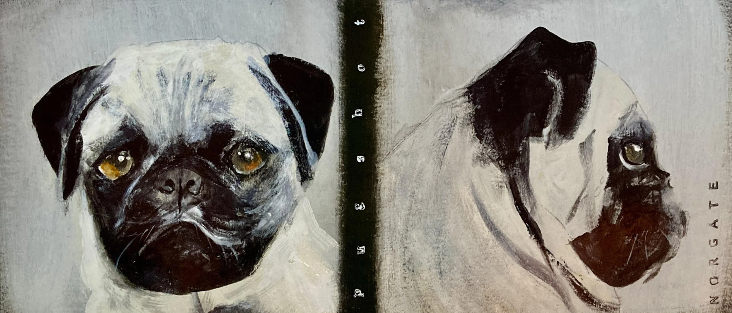 "Pug Shot" 9x21"  acrylic on varnished framed matboard $450