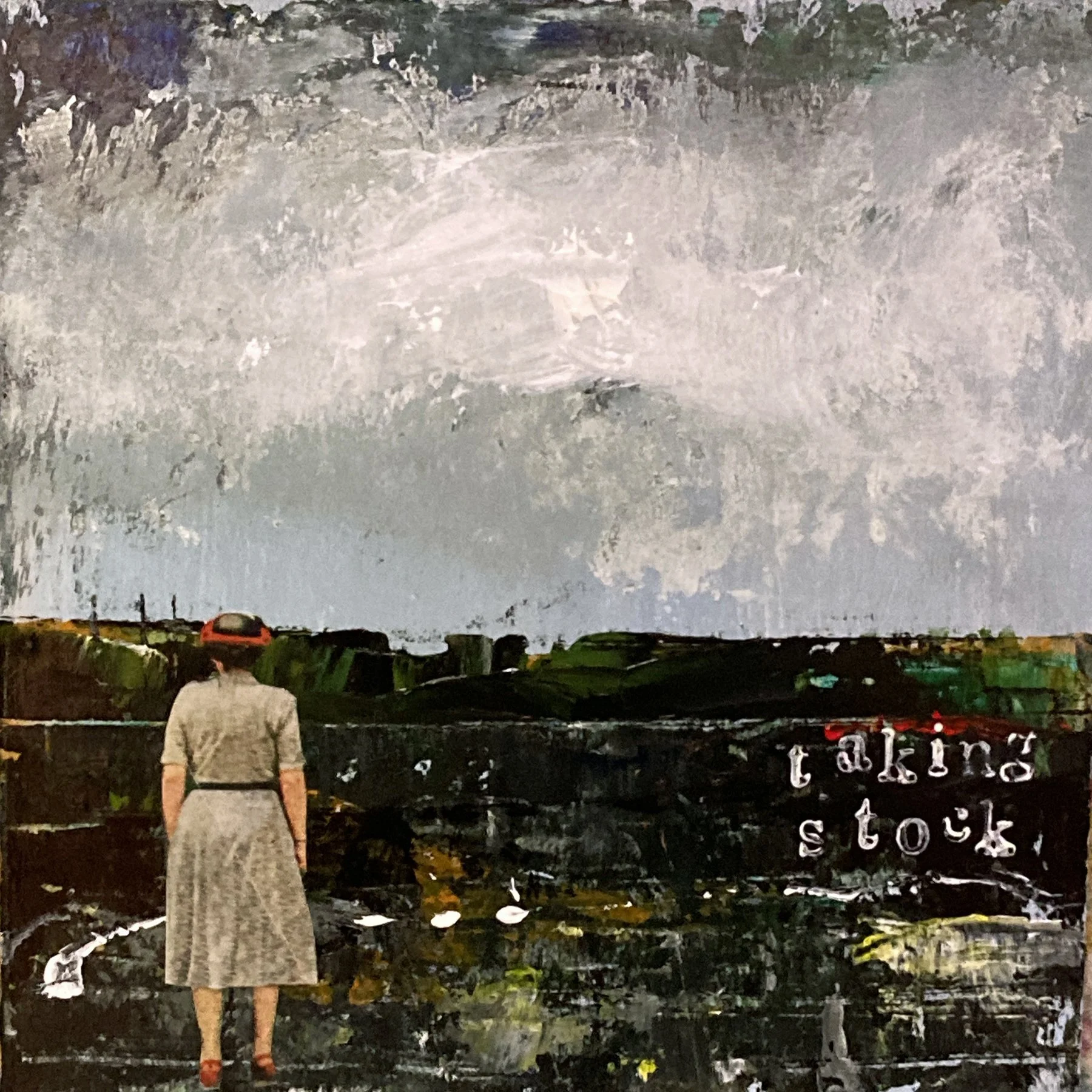 "taking stock" mixed media on varnished matboard, 6x6" $175
