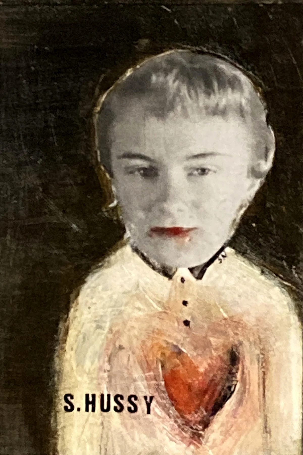 NEW "S. Hussy" mixed media on varnished mantboard, 4x6", framed $125