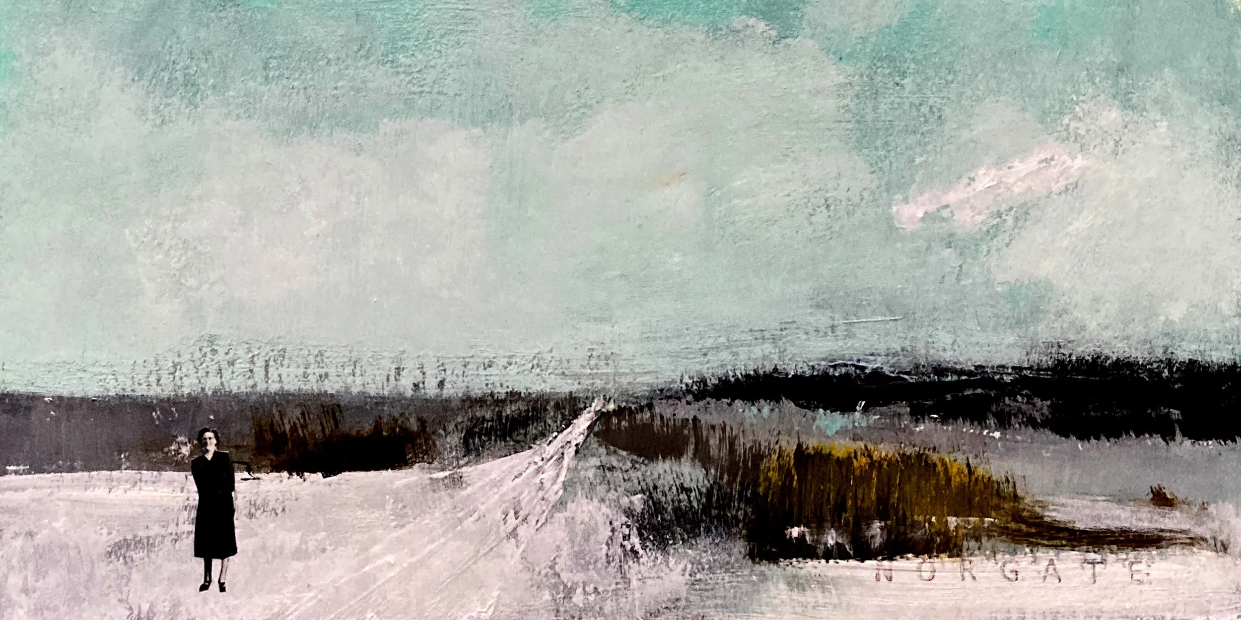 'it was all behind her now'  mixed media on varnished matboard, 7x14", framed  $300.   