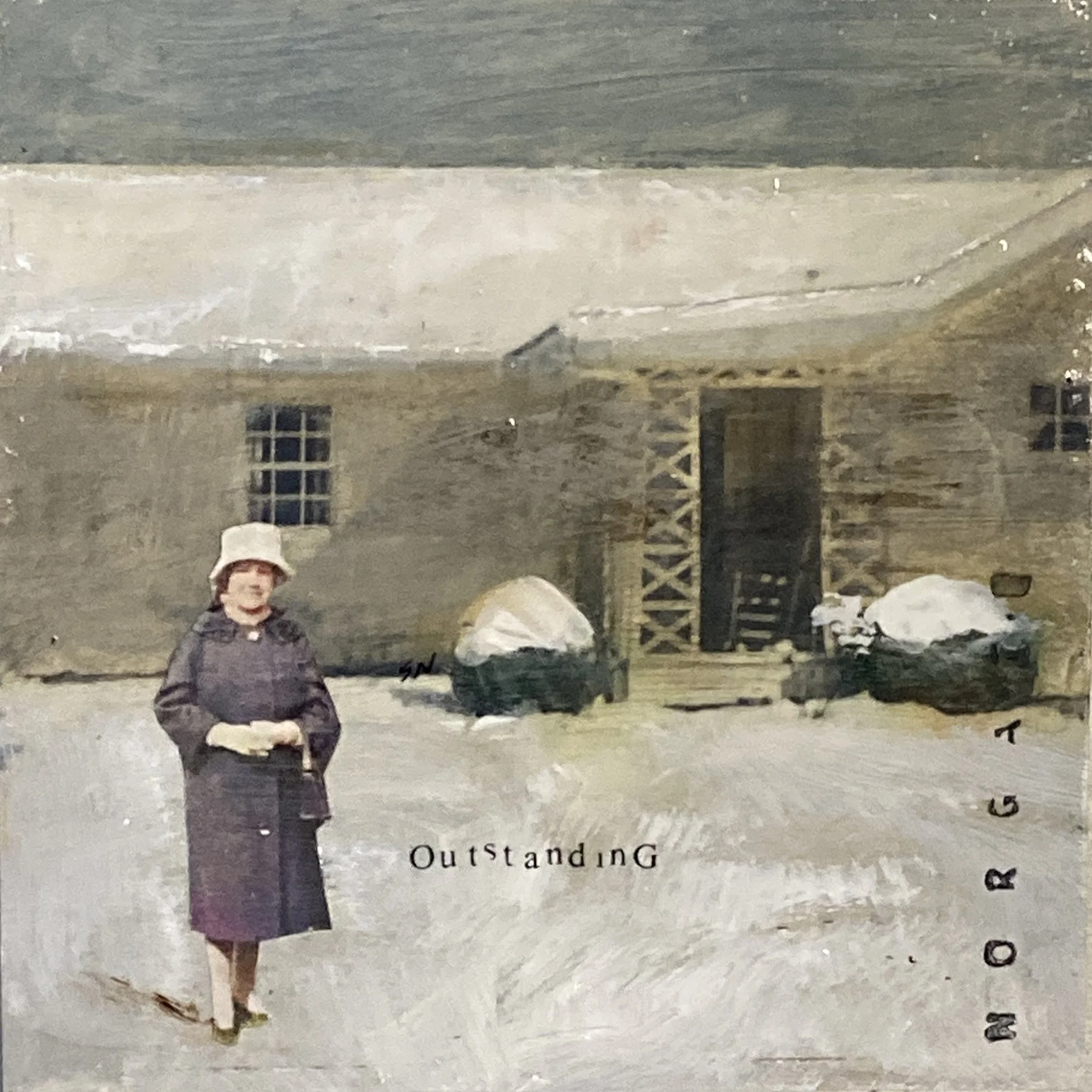 'outstanding', mixed media on varnished matboard, 6x6" $175.  Standing, well dressed  women and bungalows make their way into my work on a regular basis. And here they are again in 'outstanding'. I think she is.

