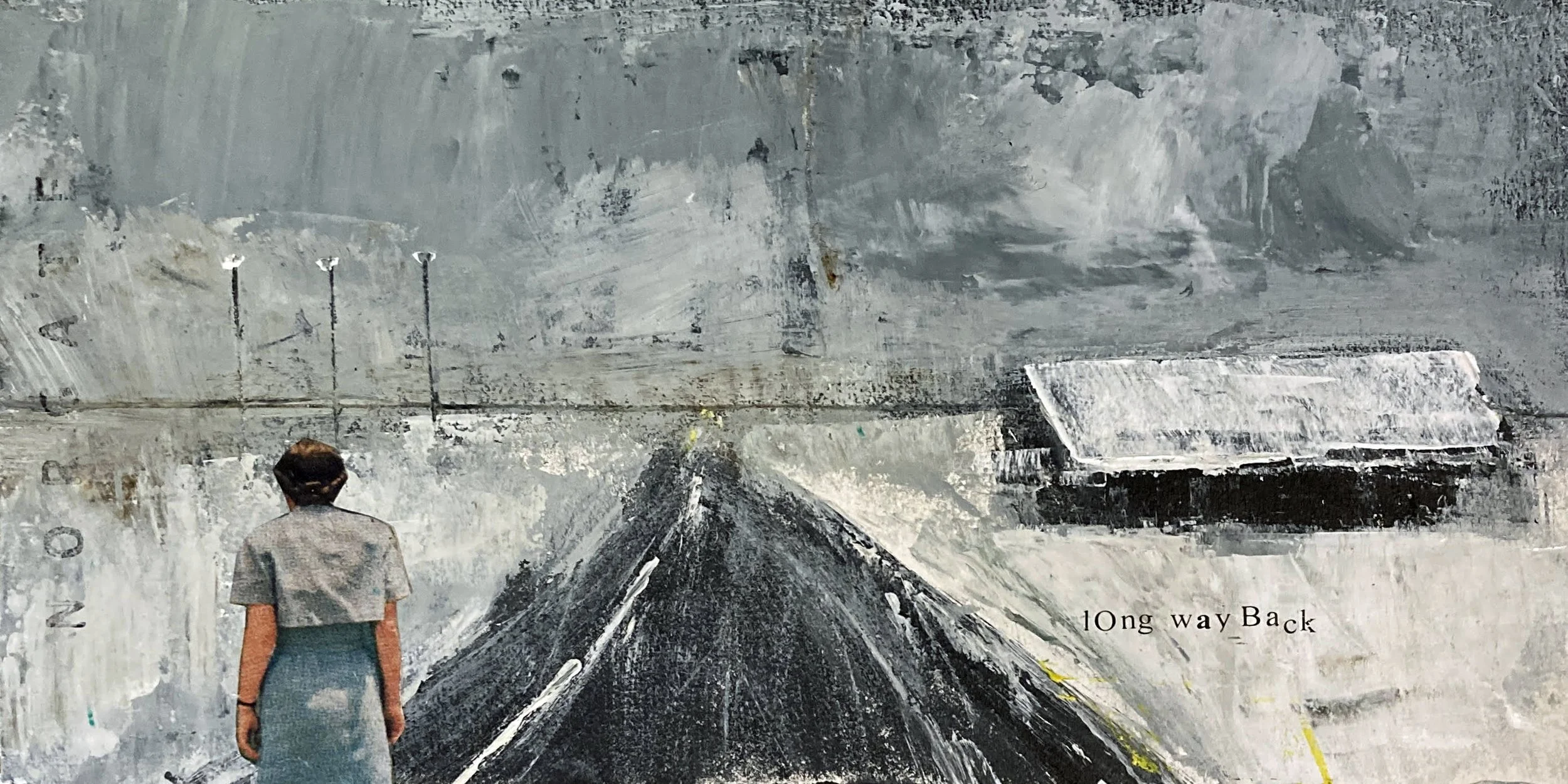 "Long Way Back" 10x5" mixed media on framed varnished matboard $225