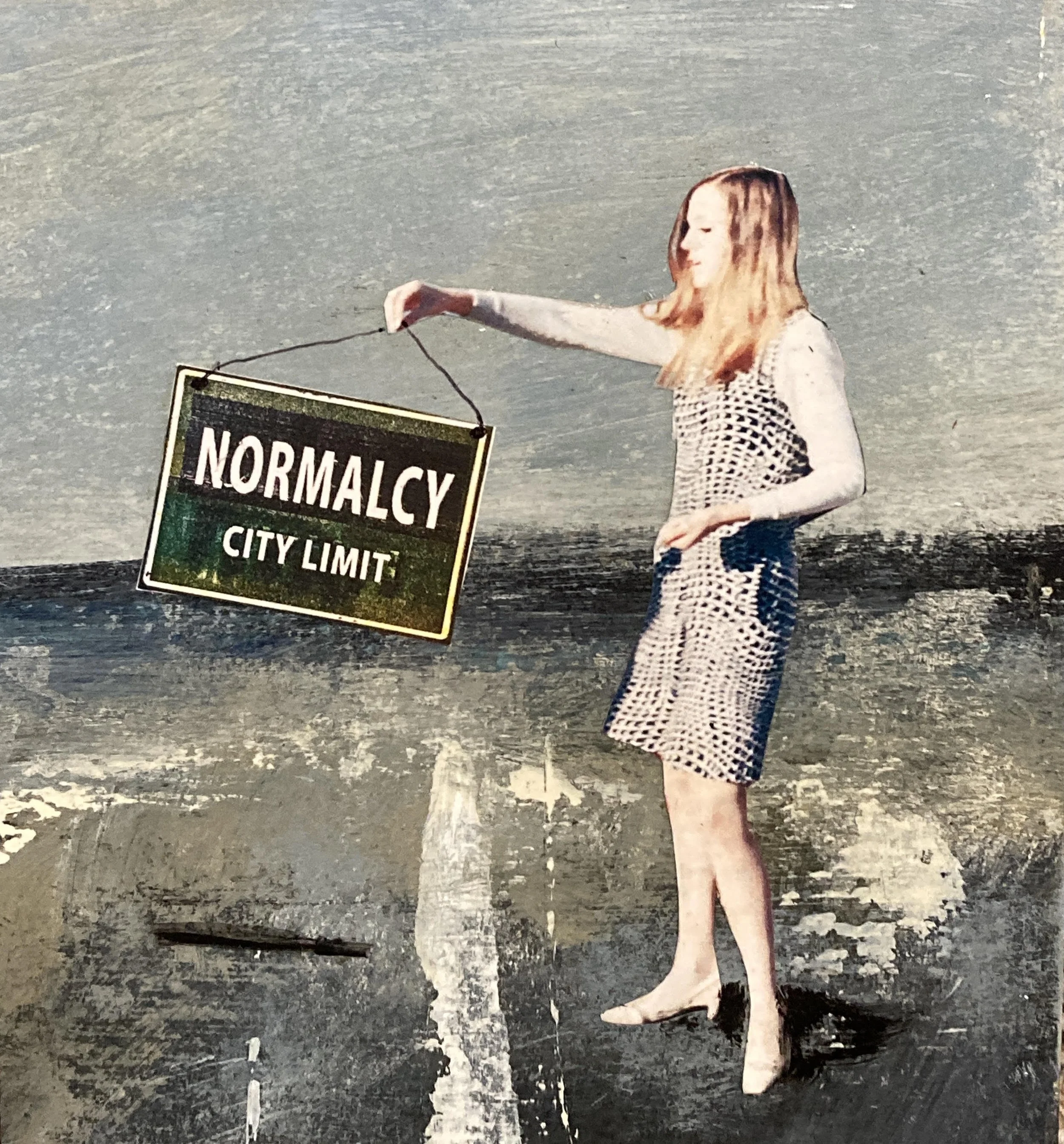 "normalcy city limits" mixed media on varnished matboard, 6x6" $200