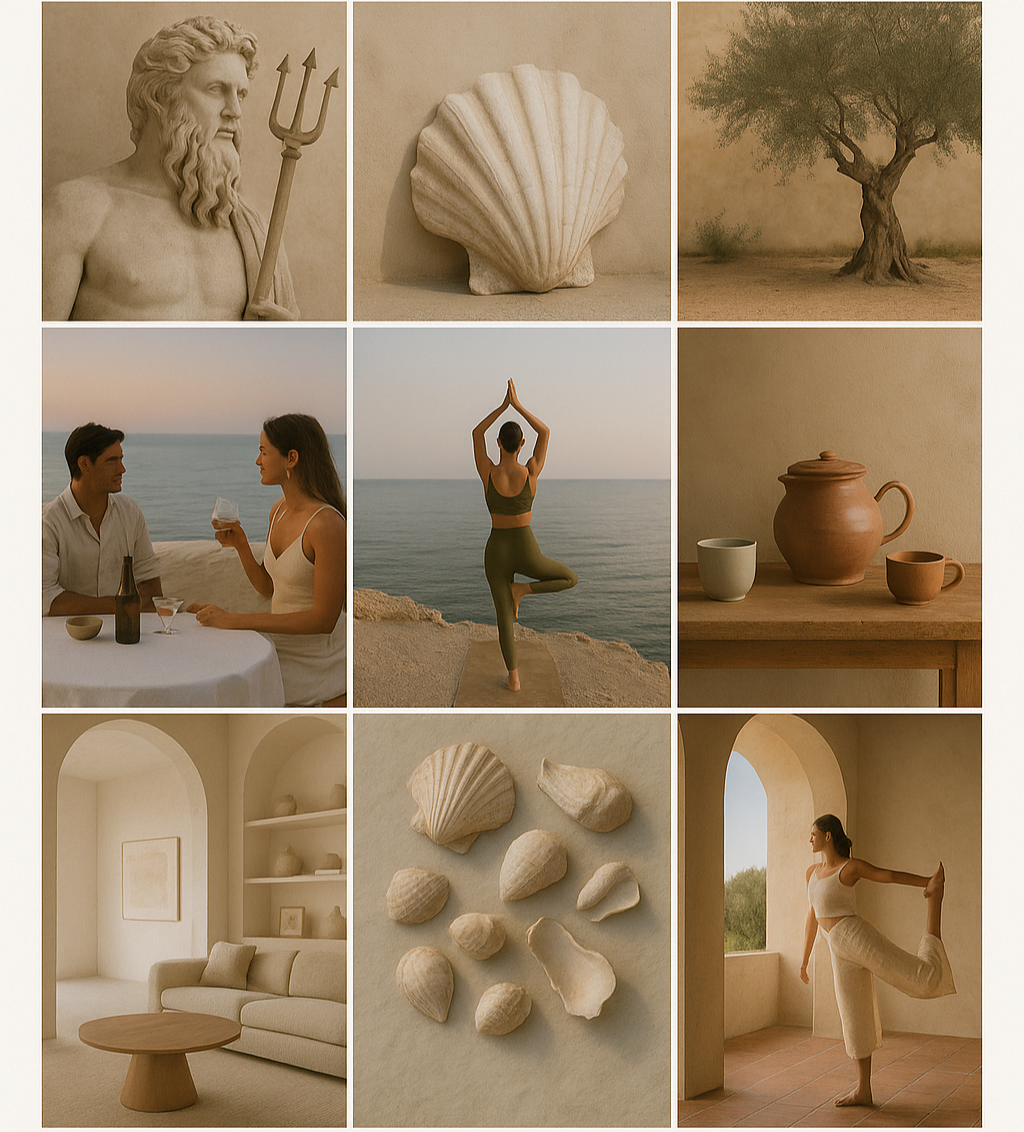 Collage of nine images featuring a classical statue of a bearded man holding a trident, a seashell, a tree, a couple dining outdoors at sunset, a woman practicing yoga by the ocean, pottery on a shelf, a minimalist living room, various seashells, and a woman doing yoga near a window.