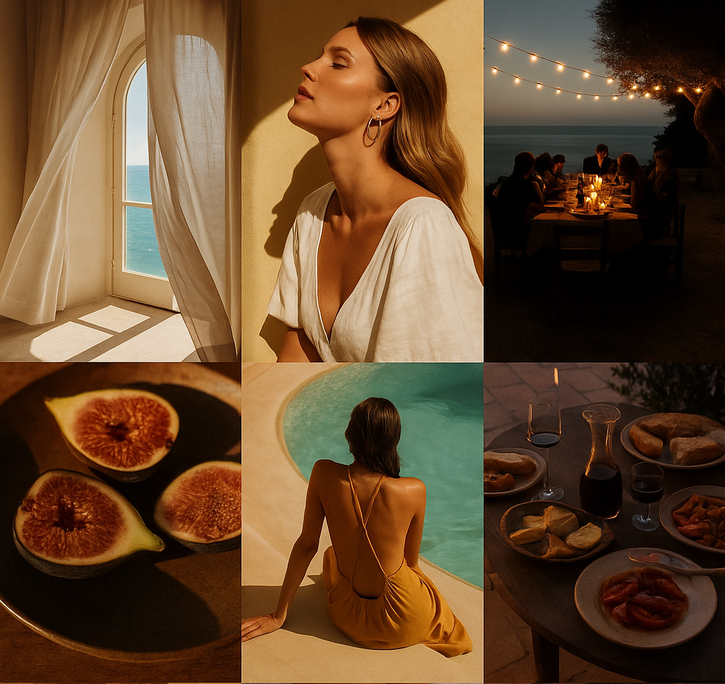 A collage of six images featuring women, food, and outdoor settings. Top left: A woman with closed eyes near a window with sheer curtains, sunlight, and ocean view. Top center: A woman with long hair and hoop earrings, leaning against a wall in warm indoor lighting. Top right: A dinner party outdoors at sunset with string lights and people gathered around a table. Bottom left: A close-up of cut figs on a dark plate. Bottom center: A woman in a yellow dress sitting by a swimming pool at sunset with her back to the camera. Bottom right: An outdoor table with plates of bread, cheese, wine, and snacks at dusk.