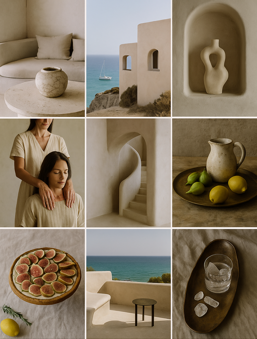 A collage of nine images showcasing minimalist Mediterranean interior and exterior scenes, pottery, figs, a lemon, a fig tart, a woman receiving a massage, and ocean views from a patio.