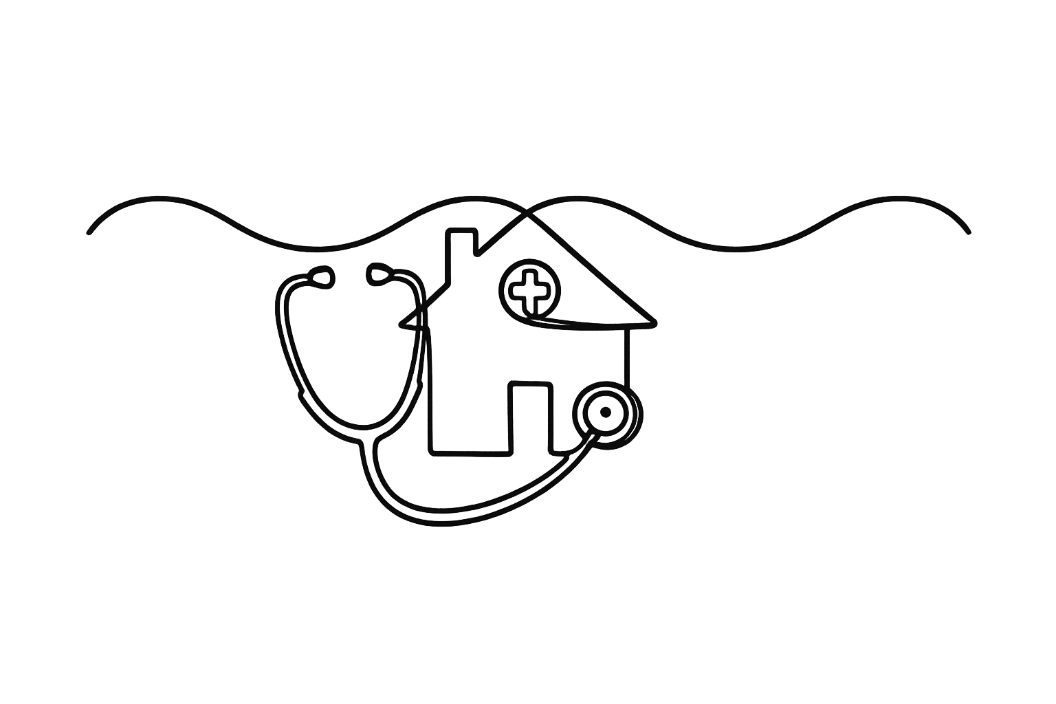 A simple black and white line drawing of a house with a medical cross on it, connected to a stethoscope, floating above water.