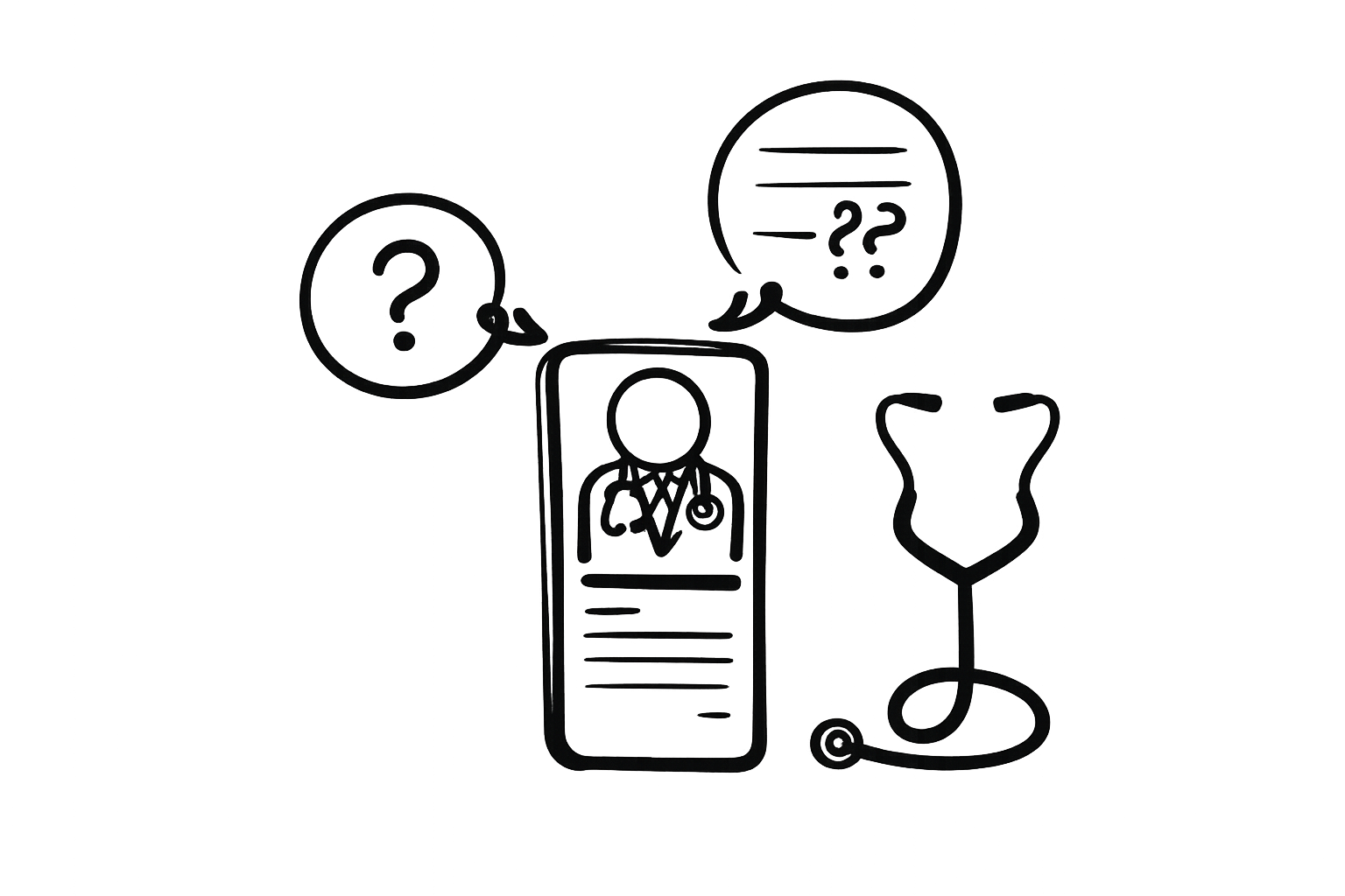 A sketch of a doctor on a smartphone screen with speech bubbles containing question marks and lines, and a stethoscope beside.