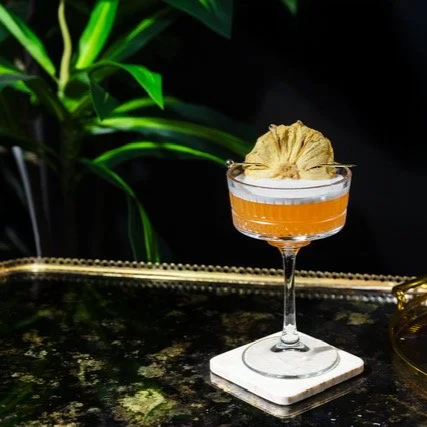 Cocktail glass with an orange drink and a dried pineapple slice garnish on a marble coaster, with green plants in the background.