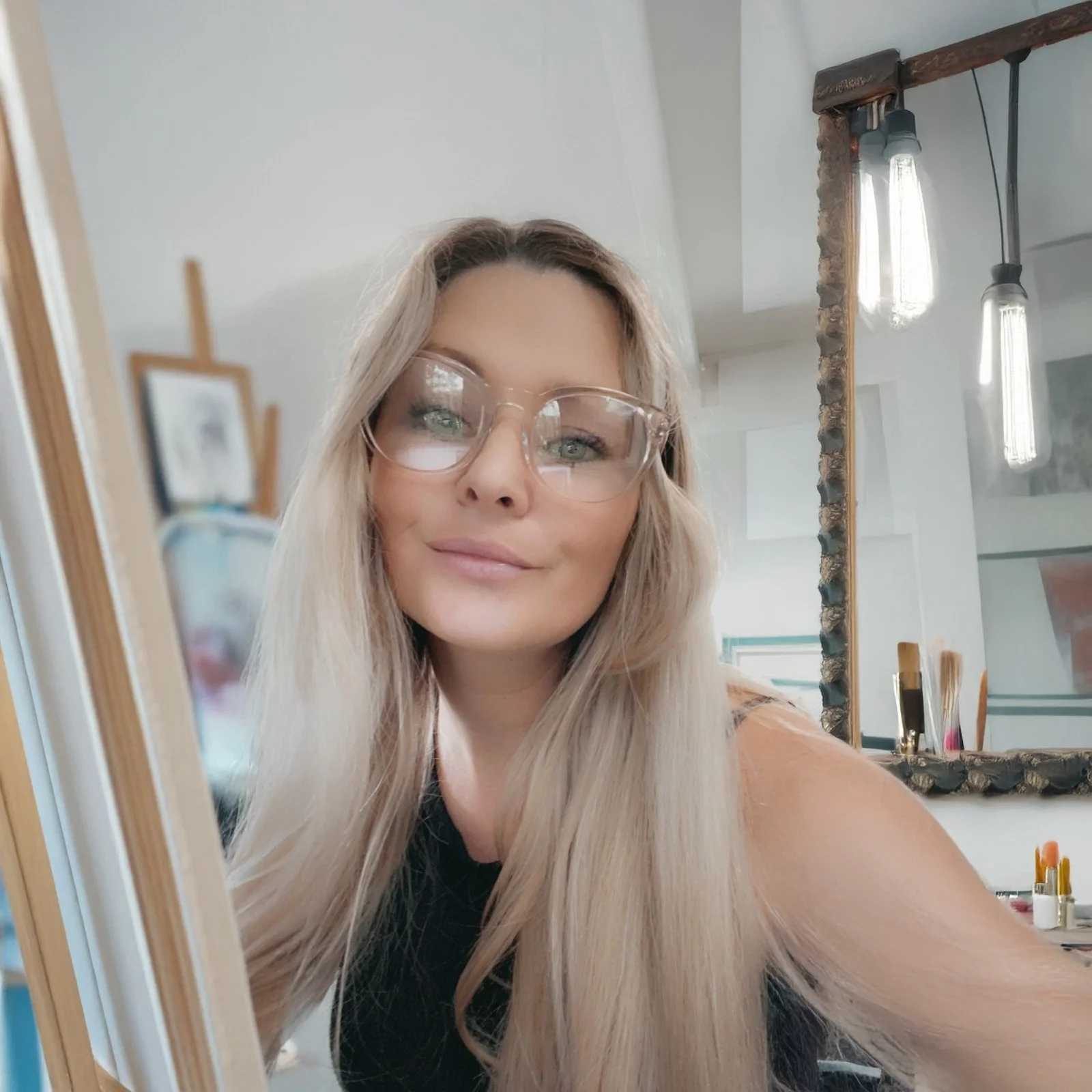 A woman with long blonde hair and glasses looks into a mirror, smiling slightly, with a makeup or beauty studio in the background.